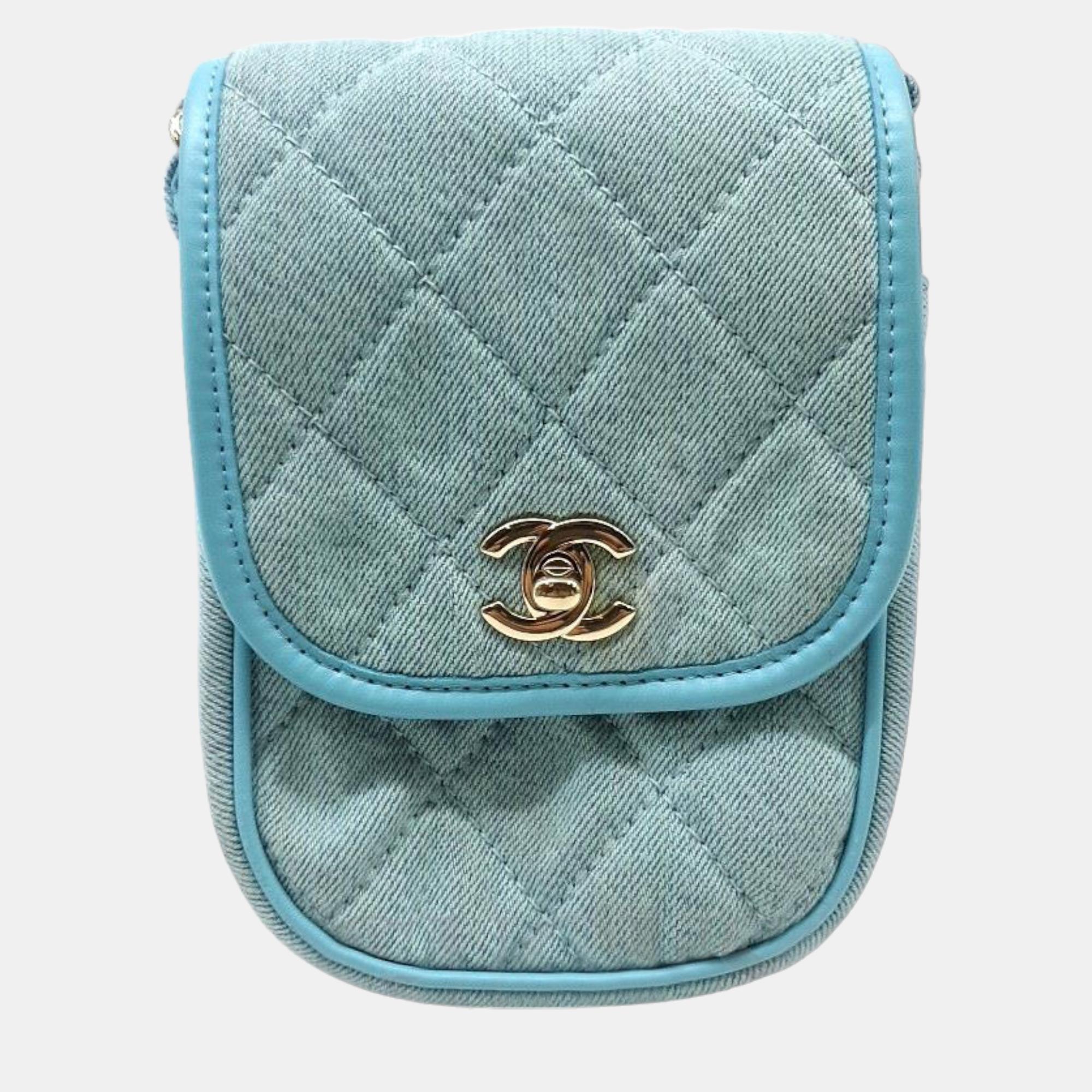 Chanel blue fabric cc mini messenger bag