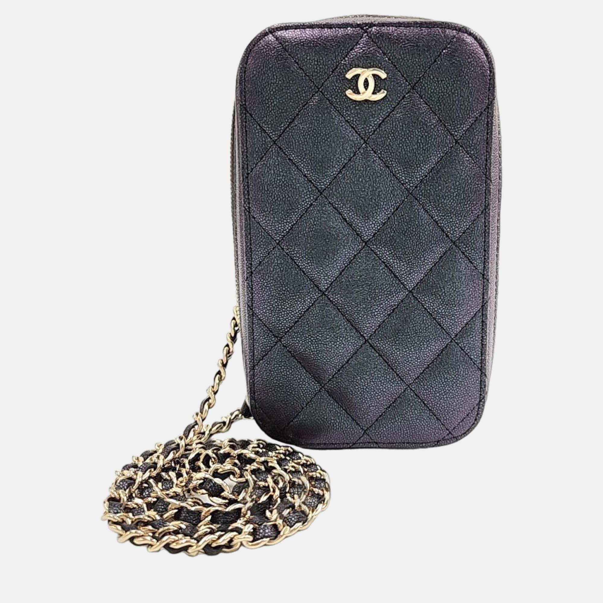 Chanel Black Leather CC Quilted Phone Holder Shoulder Bag