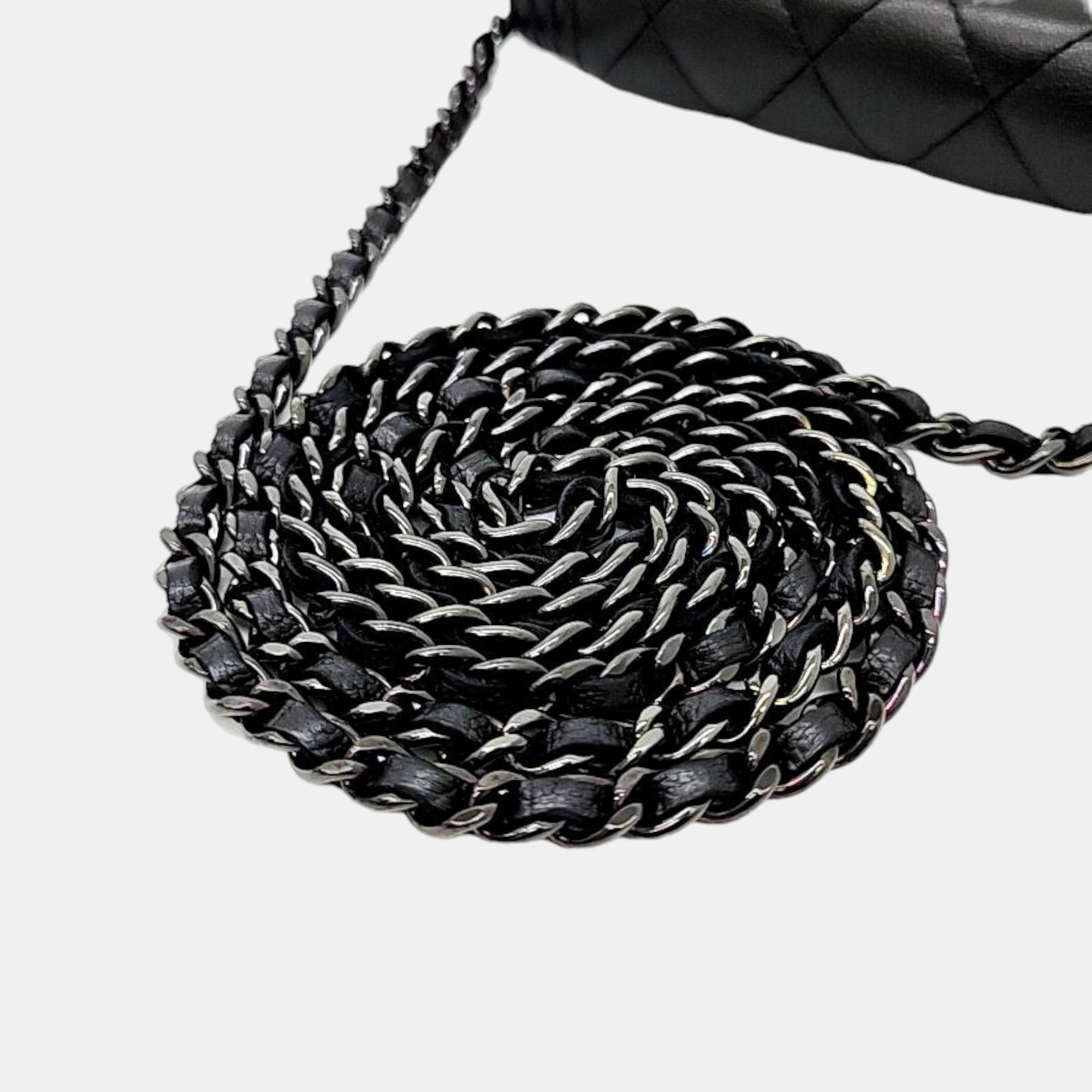Chanel Black Lambskin Leather Boy Wallet On Chain