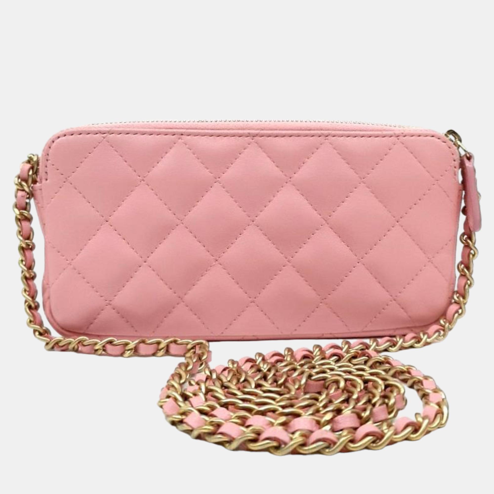 Chanel Pink Leather CC Quilted Double Zip Wallet On Chain