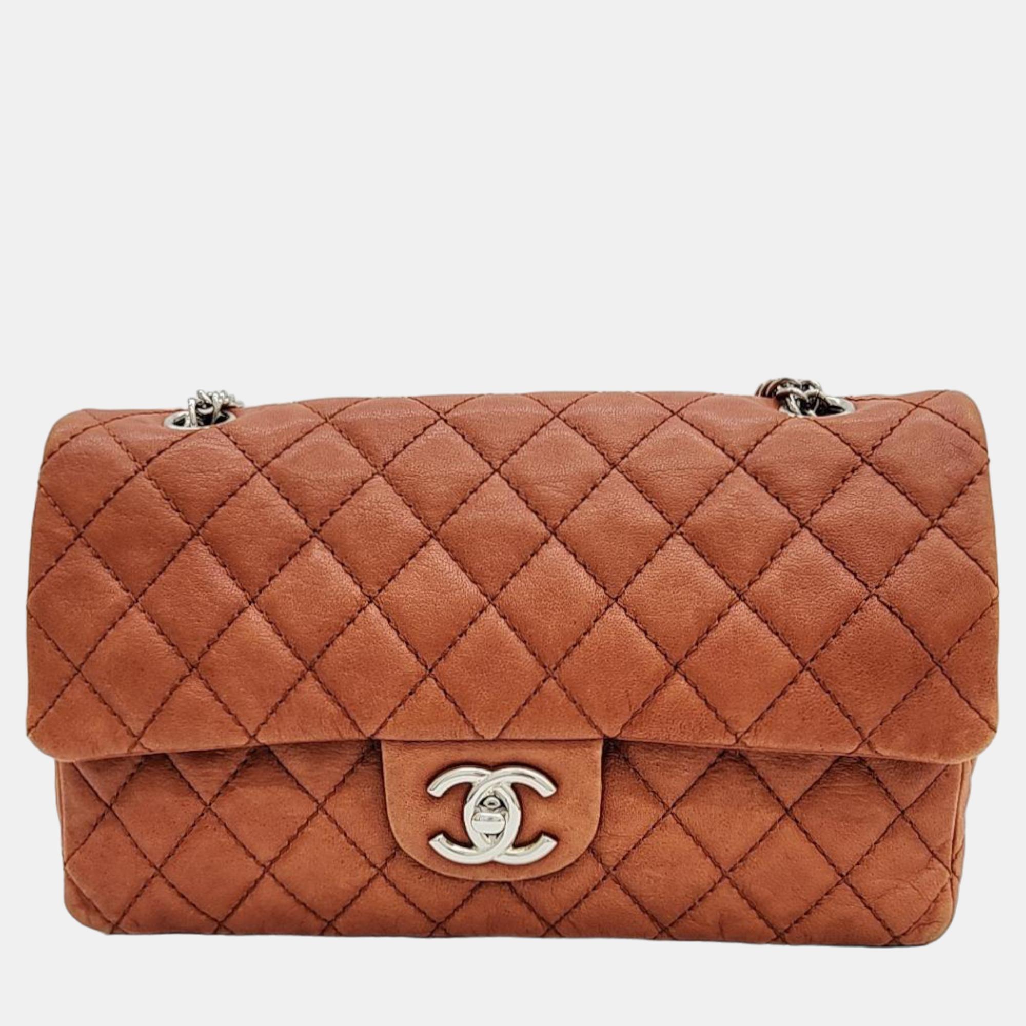 Chanel Orange Fabric Stitch Medium Double Flap Bag