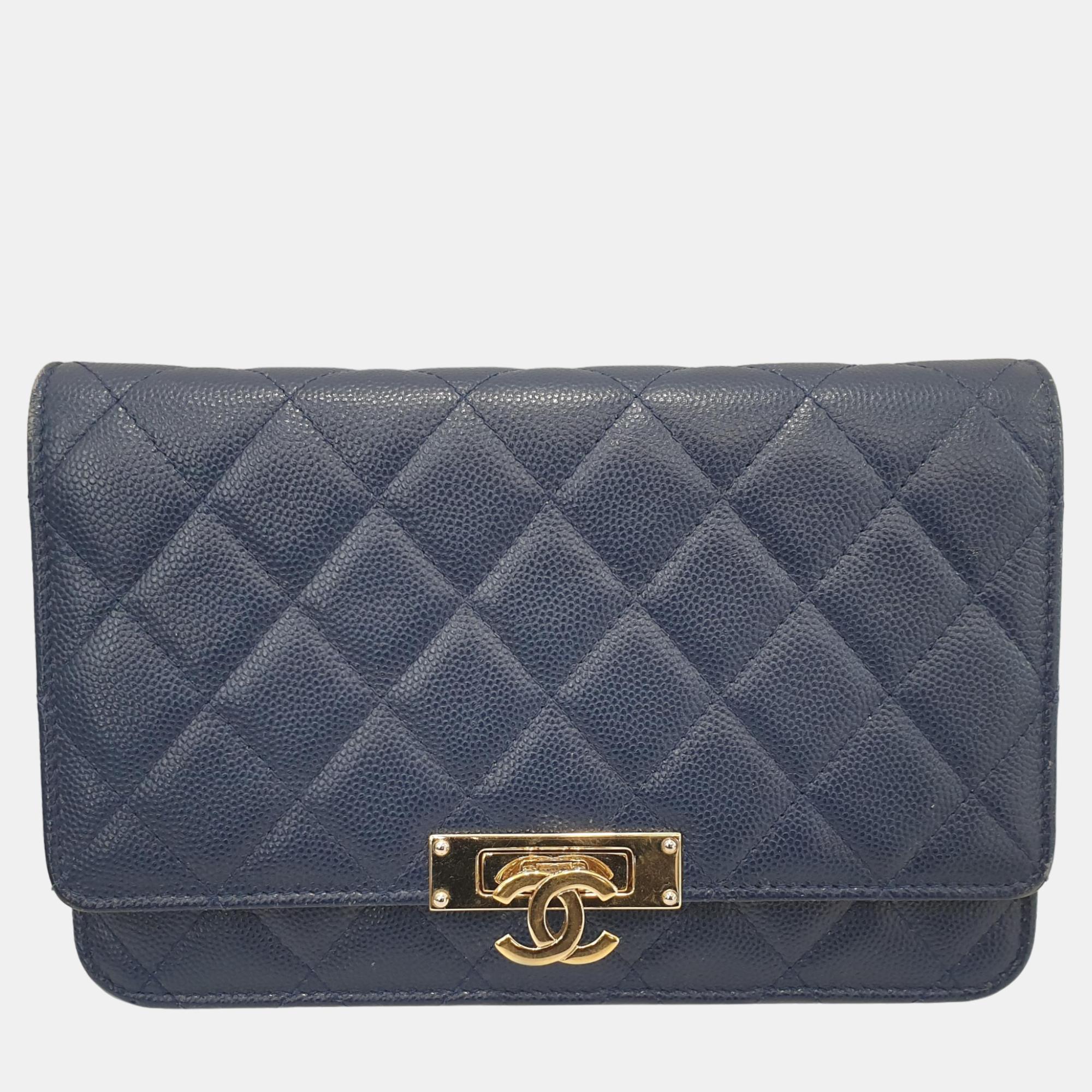 Chanel Blue Leather Classic Wallet On Chain