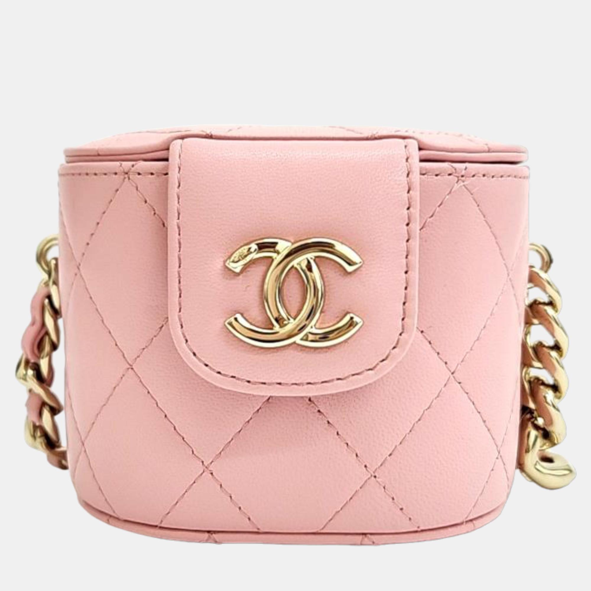 Chanel pink leather mini vanity case clutch bag