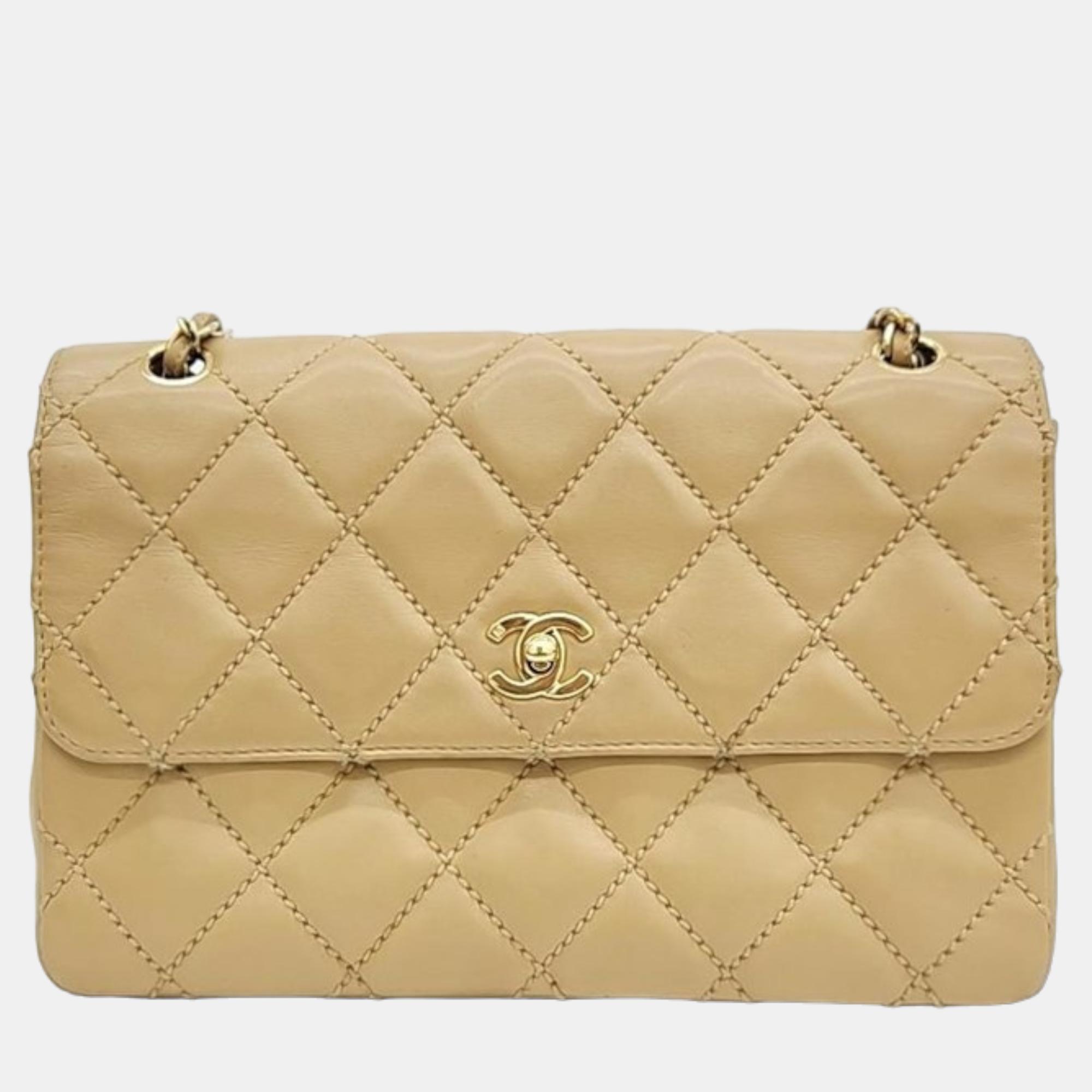 Chanel Beige Leather Medium Wild Stitch Flap Bag