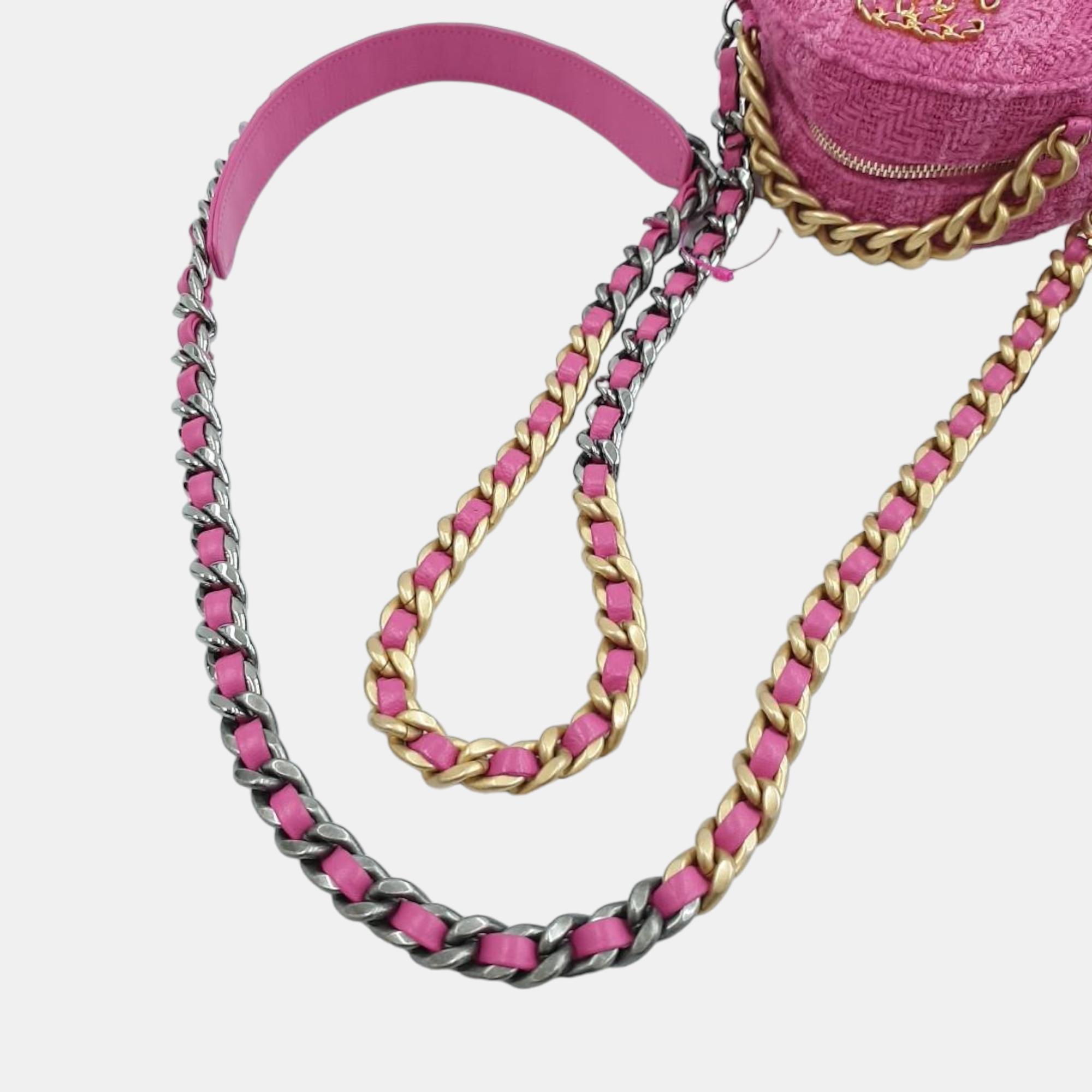 Chanel Pink Tweed Round 19 Clutch Bag