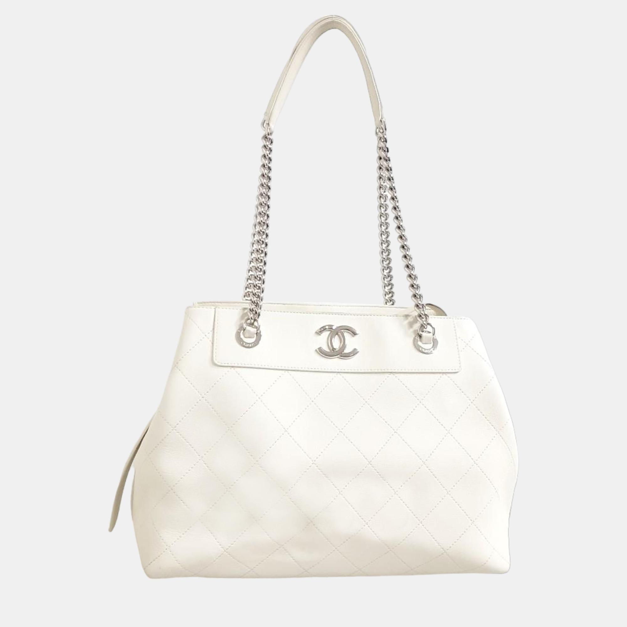 Chanel White Leather Wild Stitch Shoulder Bag