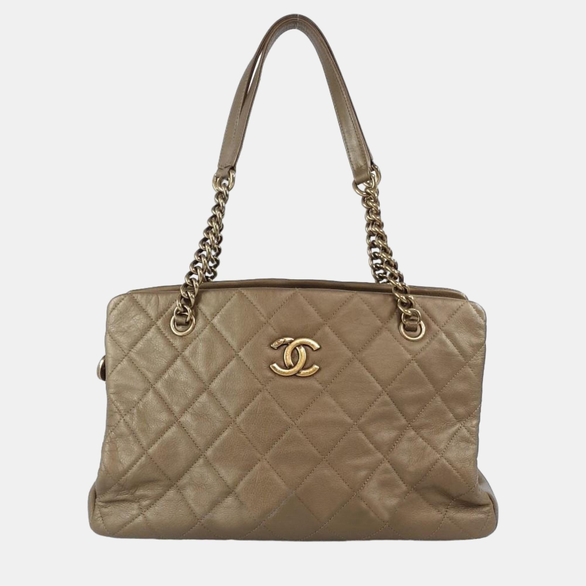 Chanel brown leather cc crown tote bag