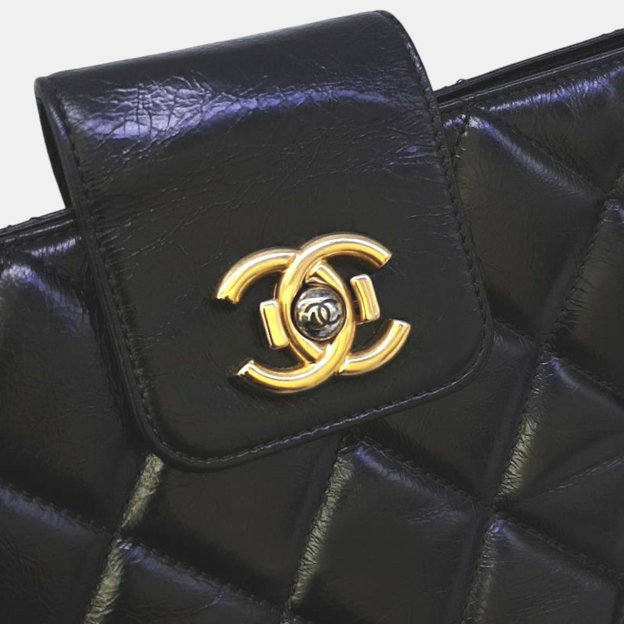 Chanel Black Leather Paris-Rome Gold Bar Tote Bag