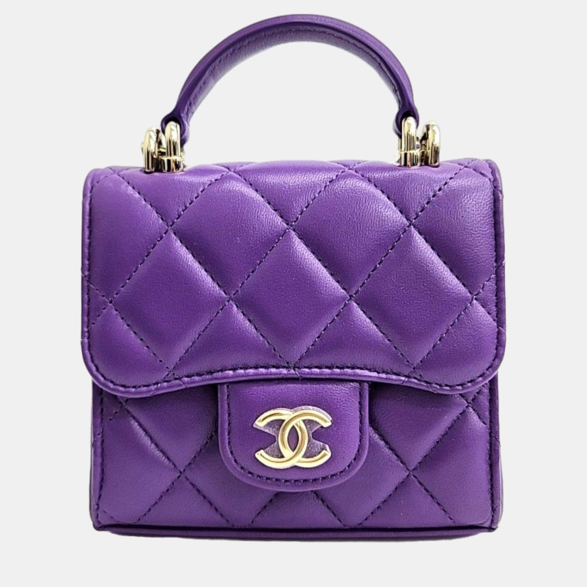 Chanel Purple Leather Mini Top Handle Flap Coin Wallet On Chain