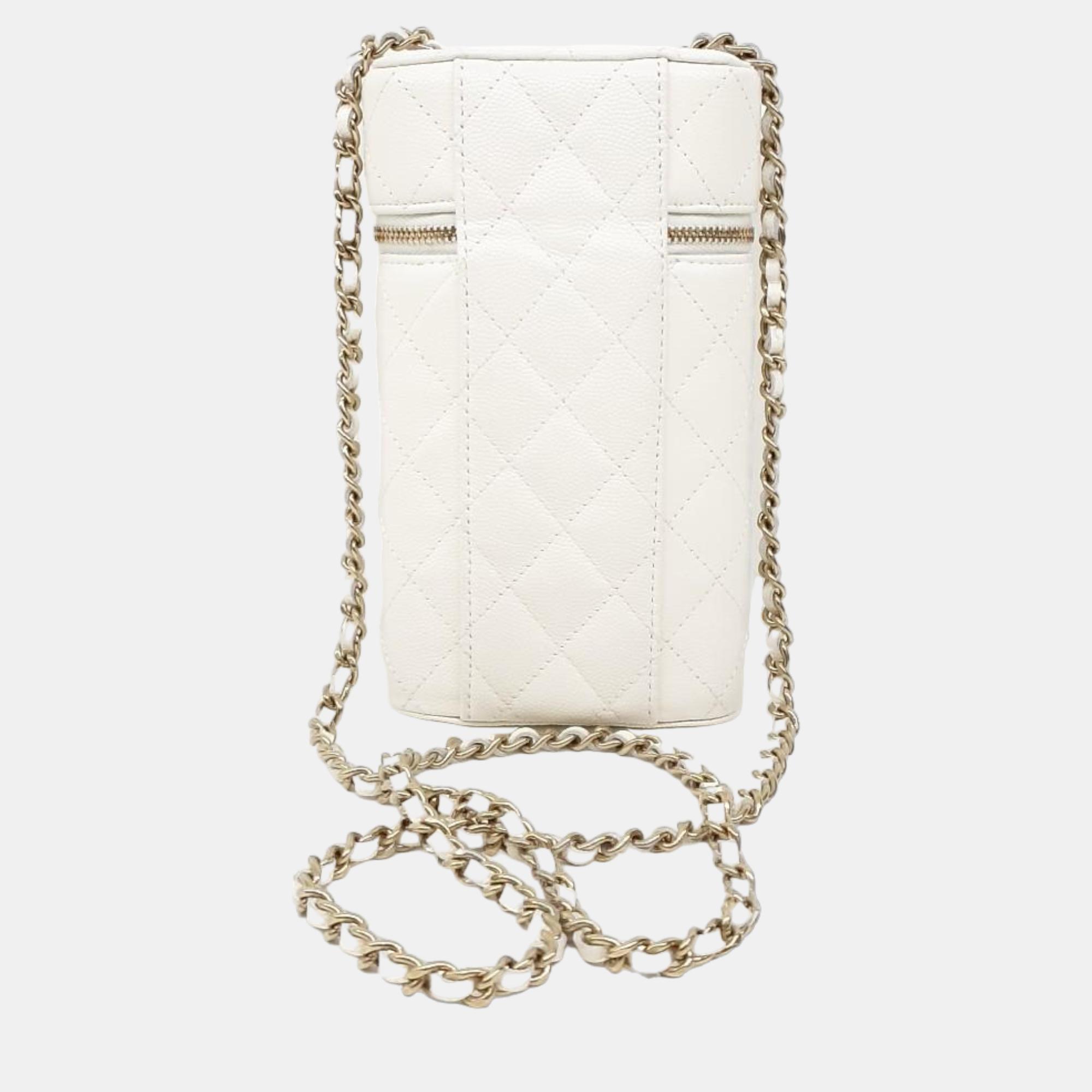 Chanel White Leather Phone Vanity Case Holder Crossbody Bag