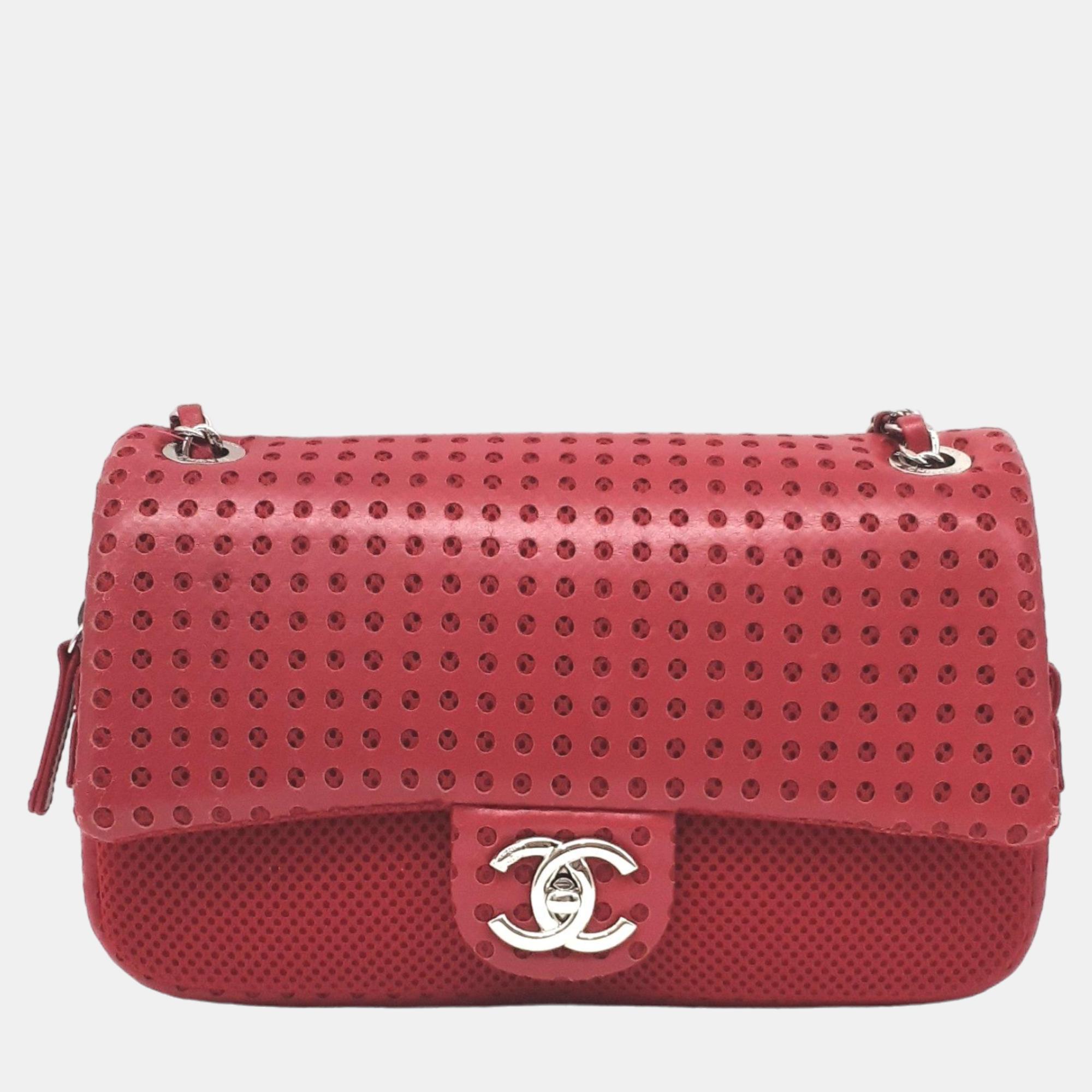 Chanel red leather perforated  easy flap shoulder bag