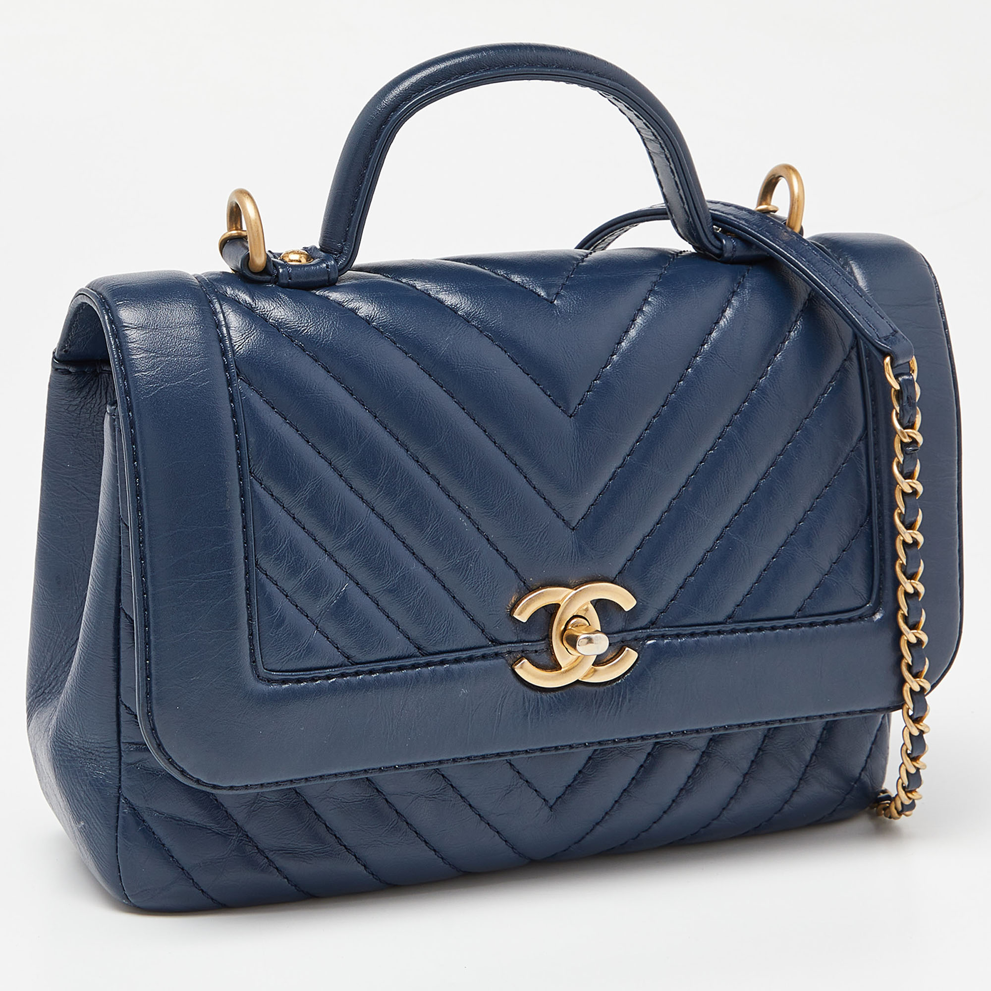Chanel Blue Chevron Leather Flap Top Handle Bag
