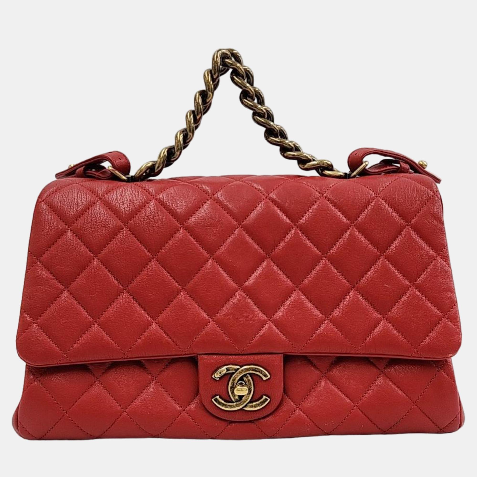 Chanel red leather paris-rome large trapezio flap bag