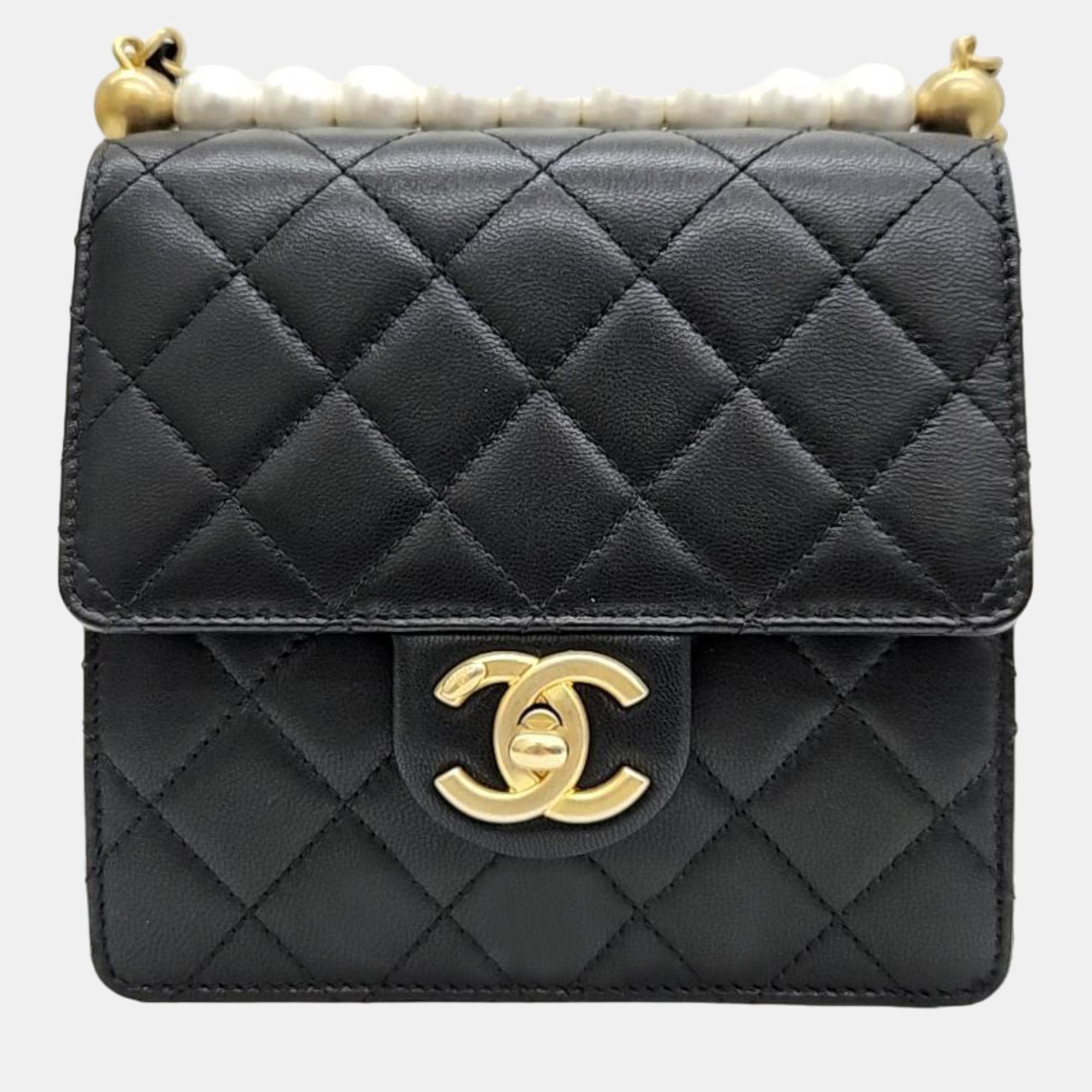 Chanel Black Leather Chic Pearl Flap Bag