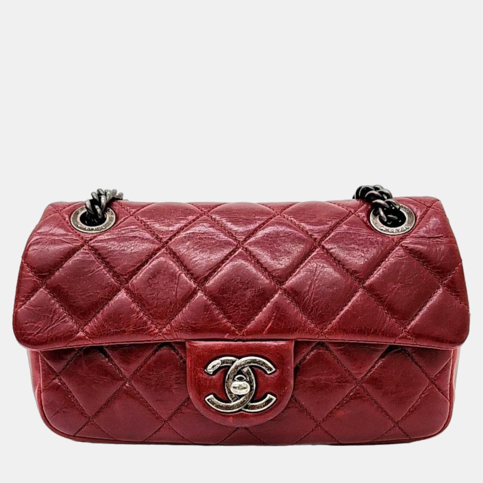 Chanel red leather vintage chain shoulder bag