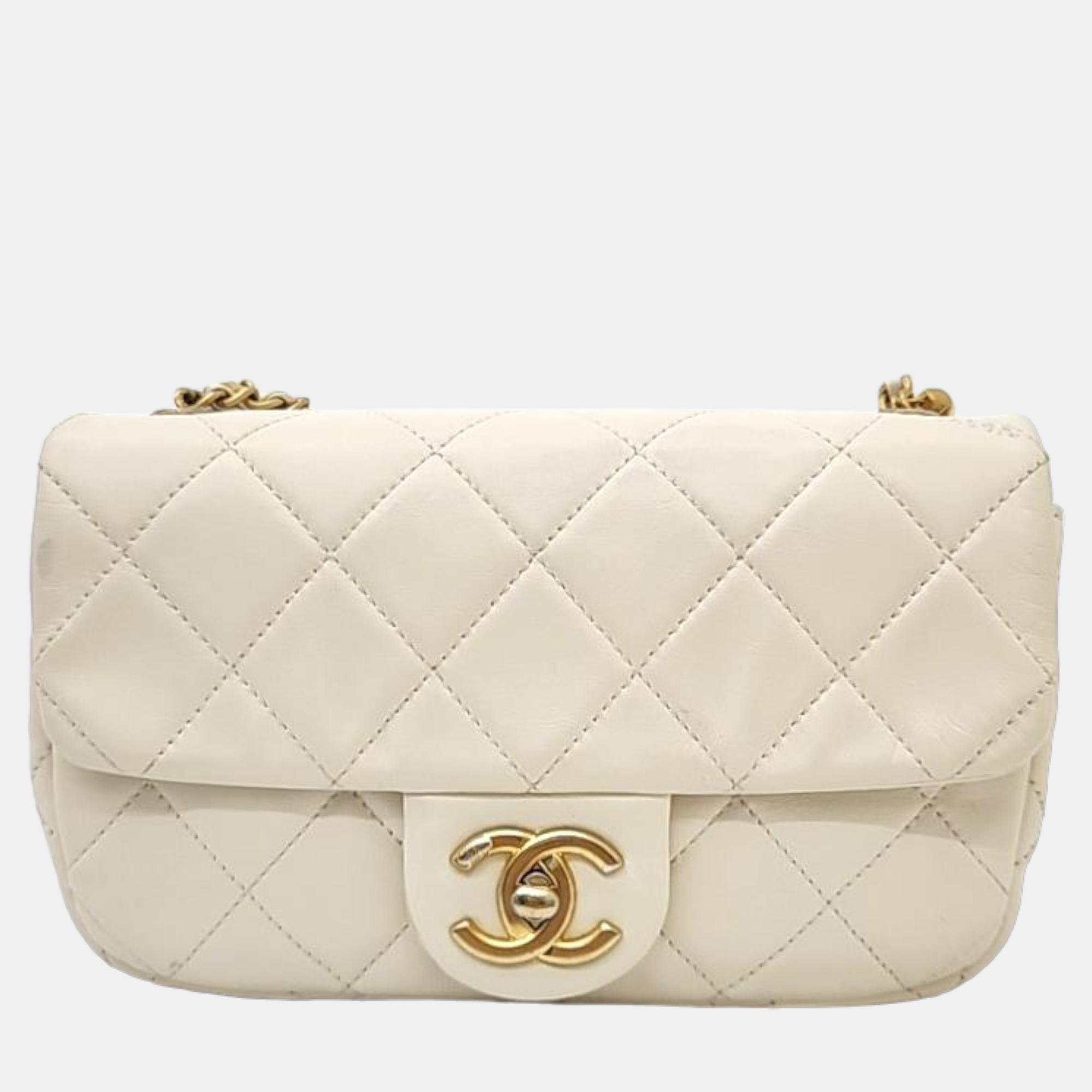 Chanel white leather pearl chain cross bag