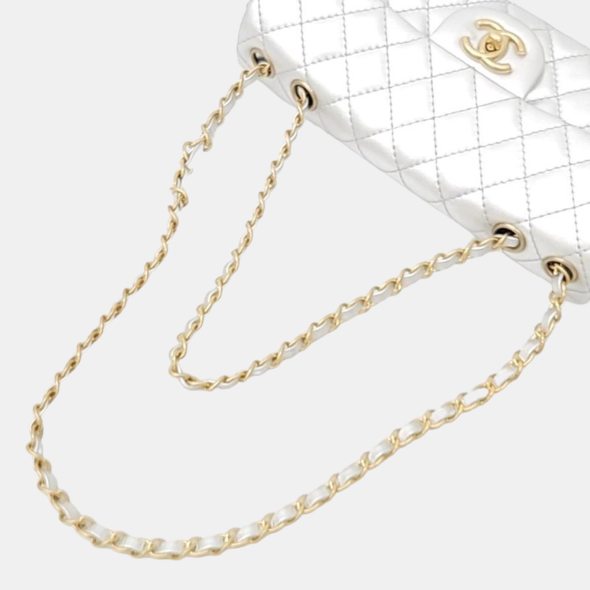 Chanel White Leather Classic Single Flap Shoulder Bag
