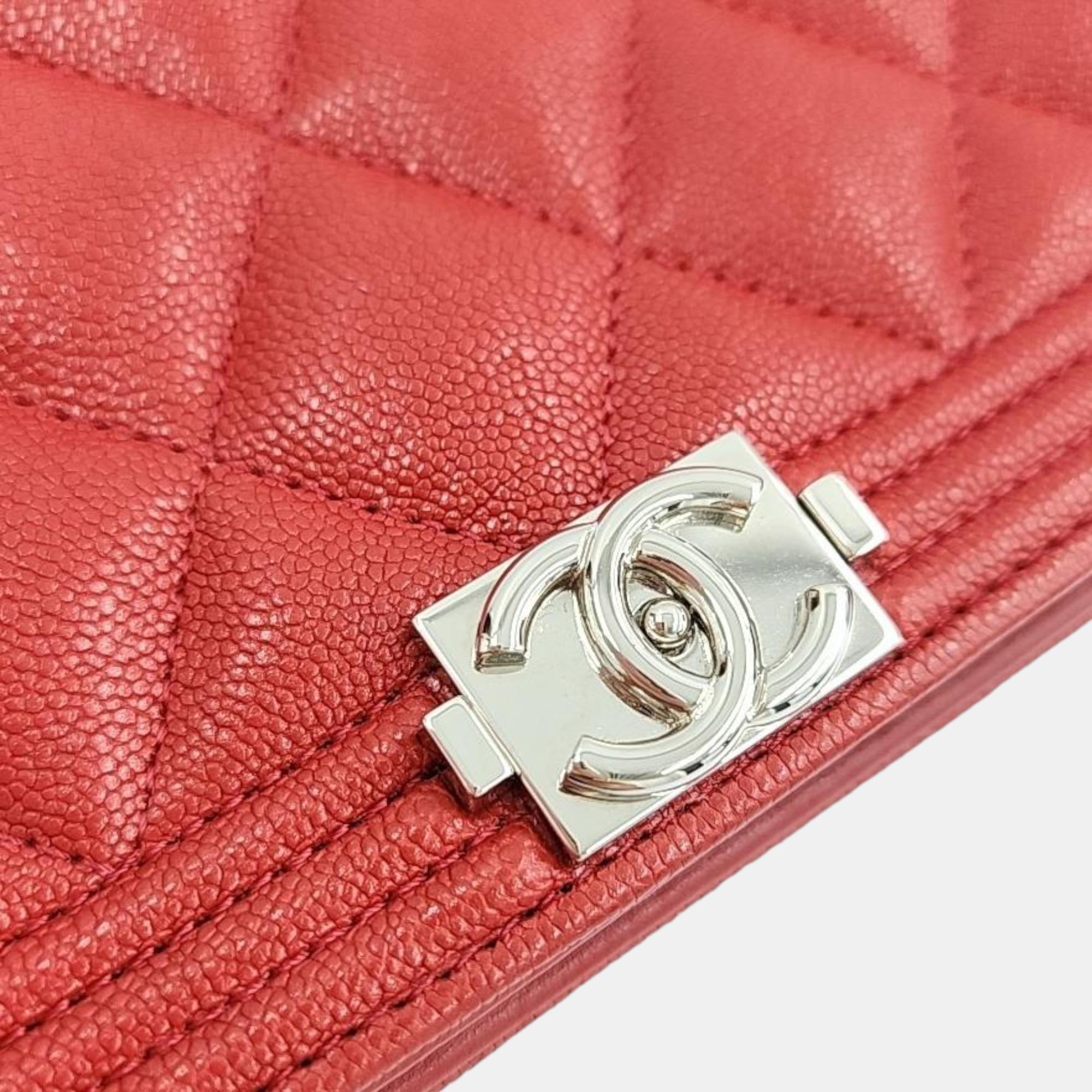 Chanel Red Caviar Leather Mini Boy Wallet On Chain