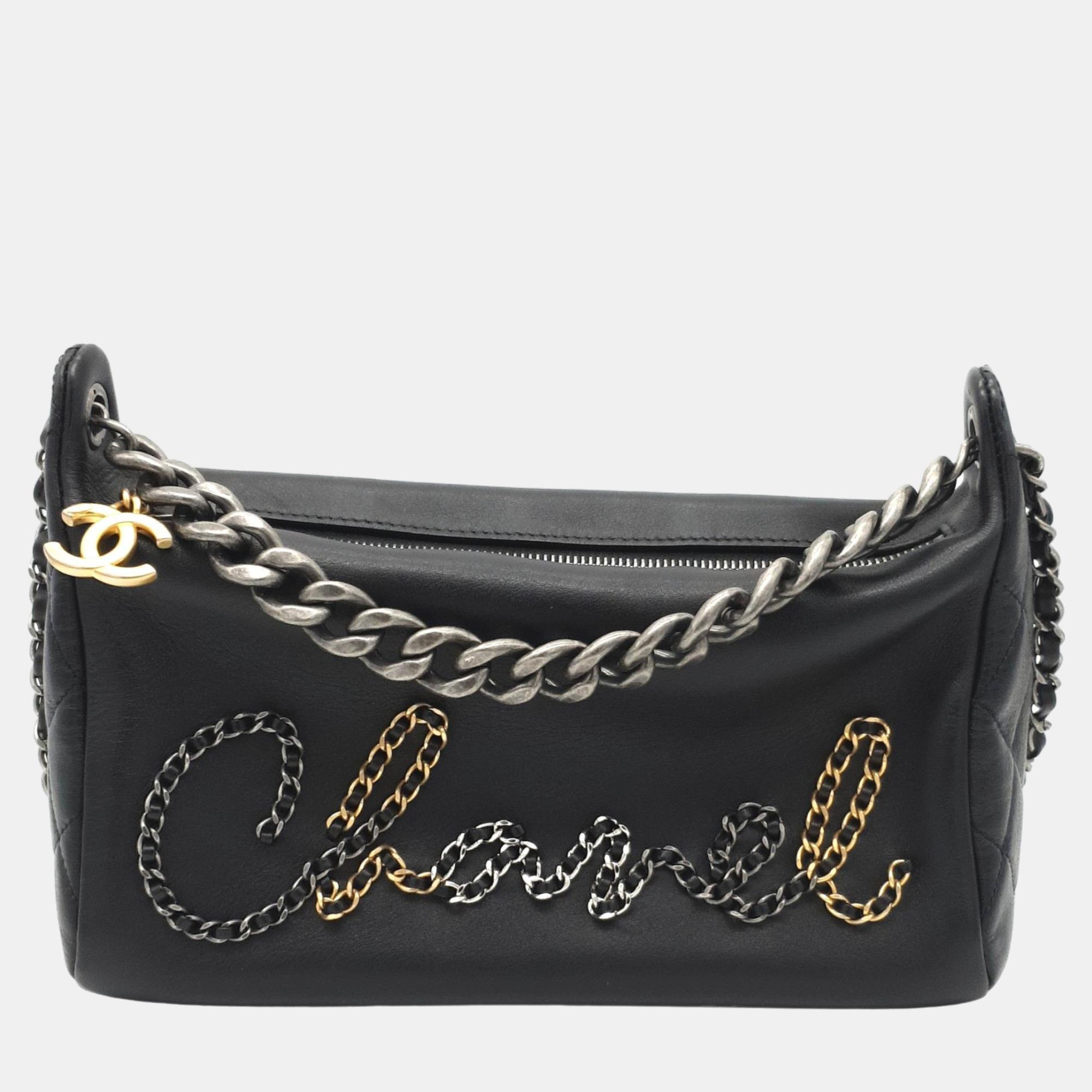 Chanel Black Leather Written In Chain Hobo Shoulder Bag