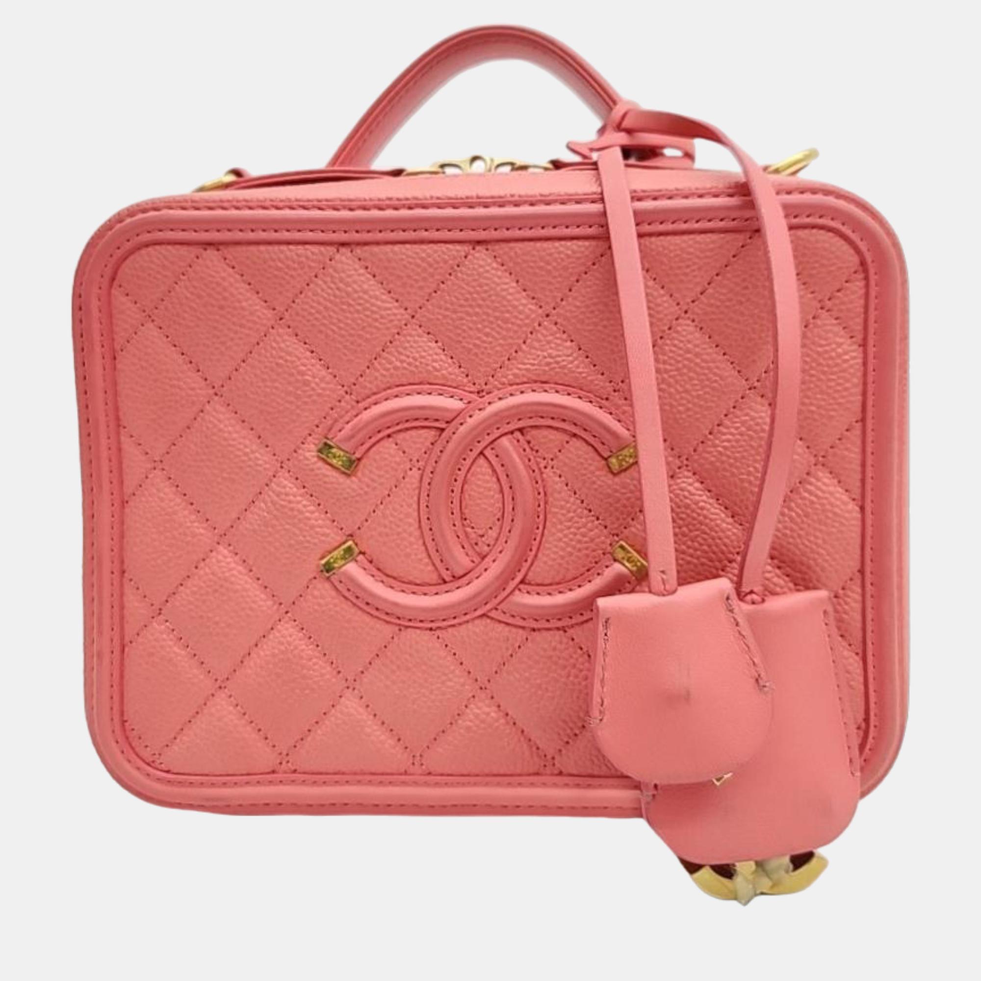 Chanel pink leather medium filigree vanity shoulder bag