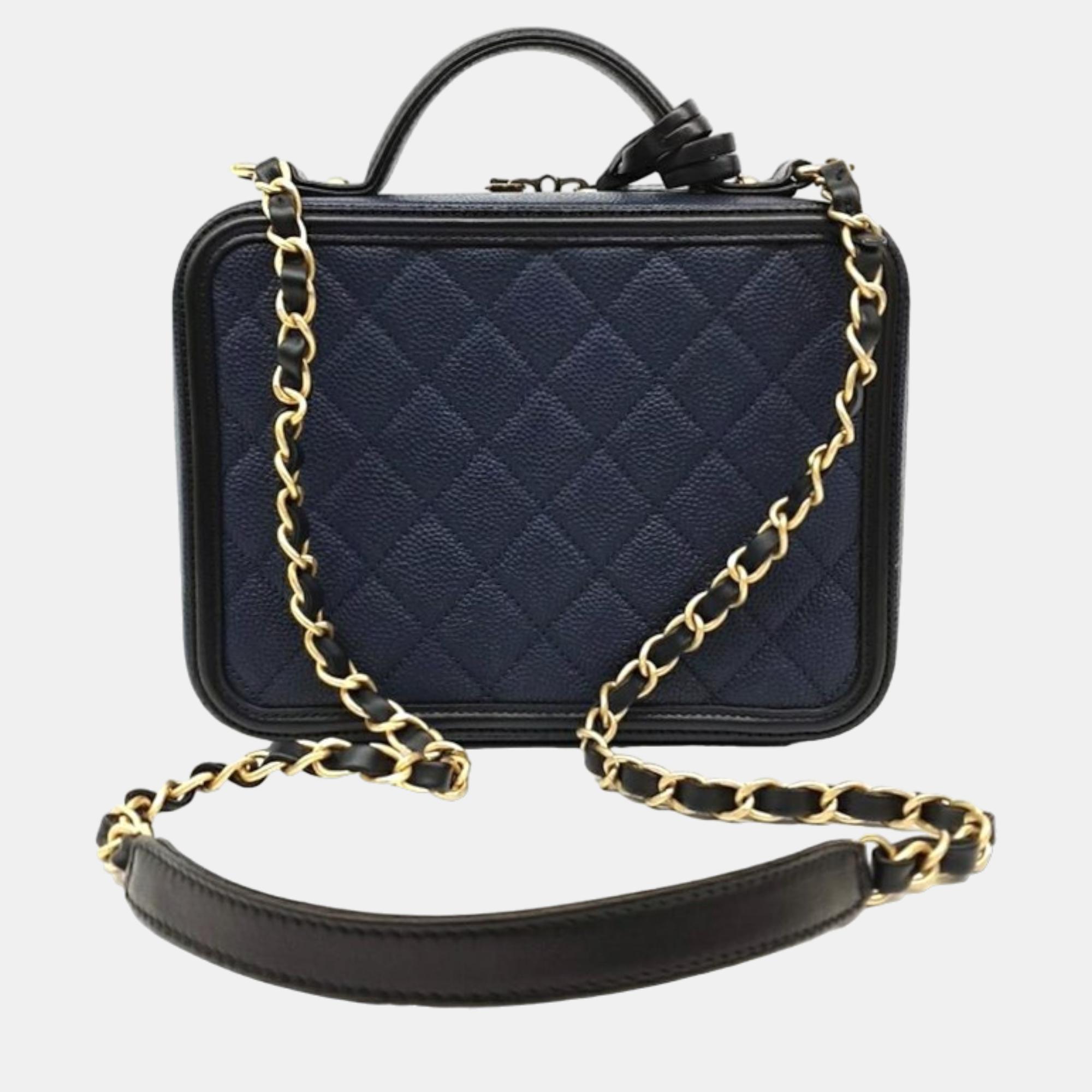 Chanel Blue Leather Small Filigree Vanity Case