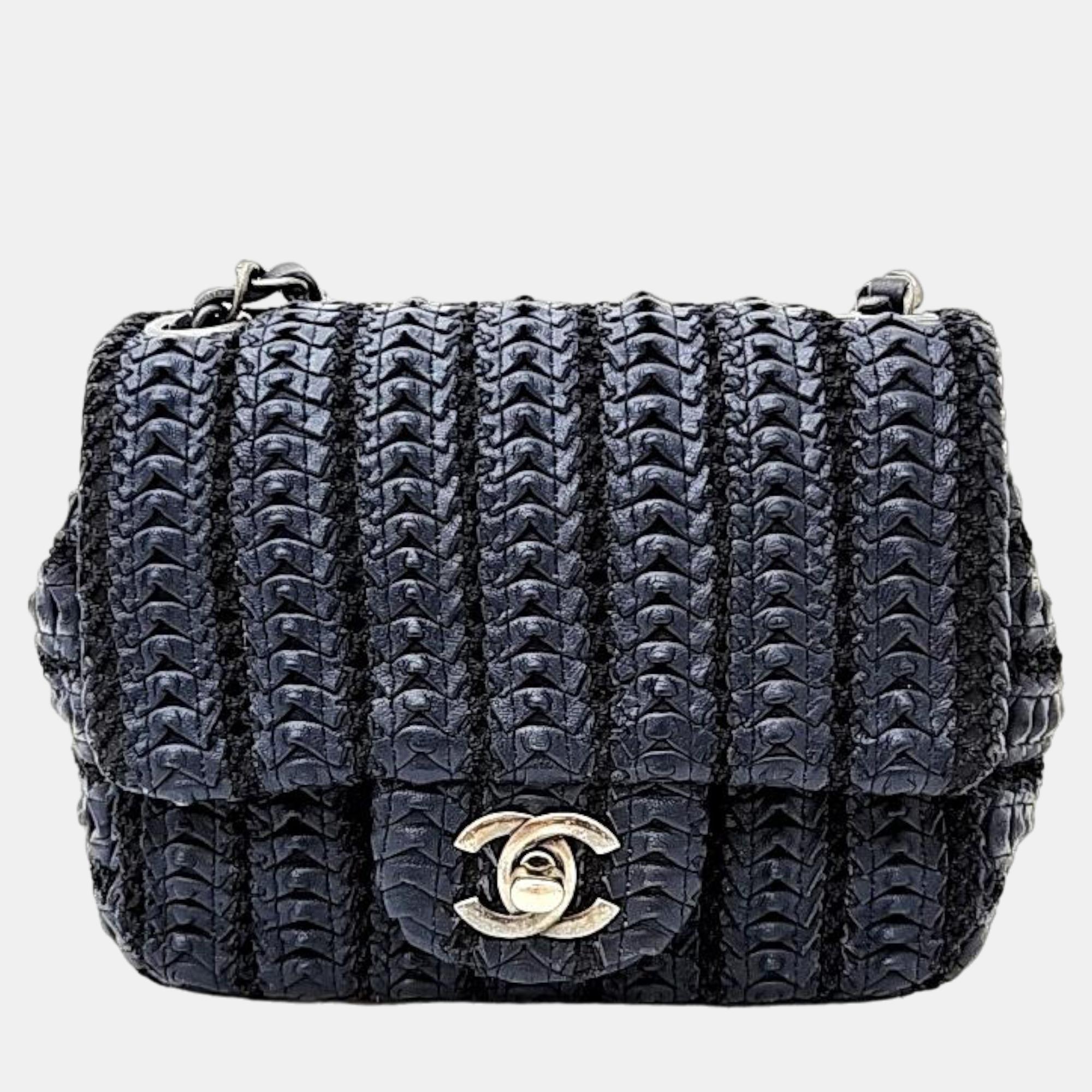 Chanel navy blue lambskin leather crochet mini flap bag shoulder bag