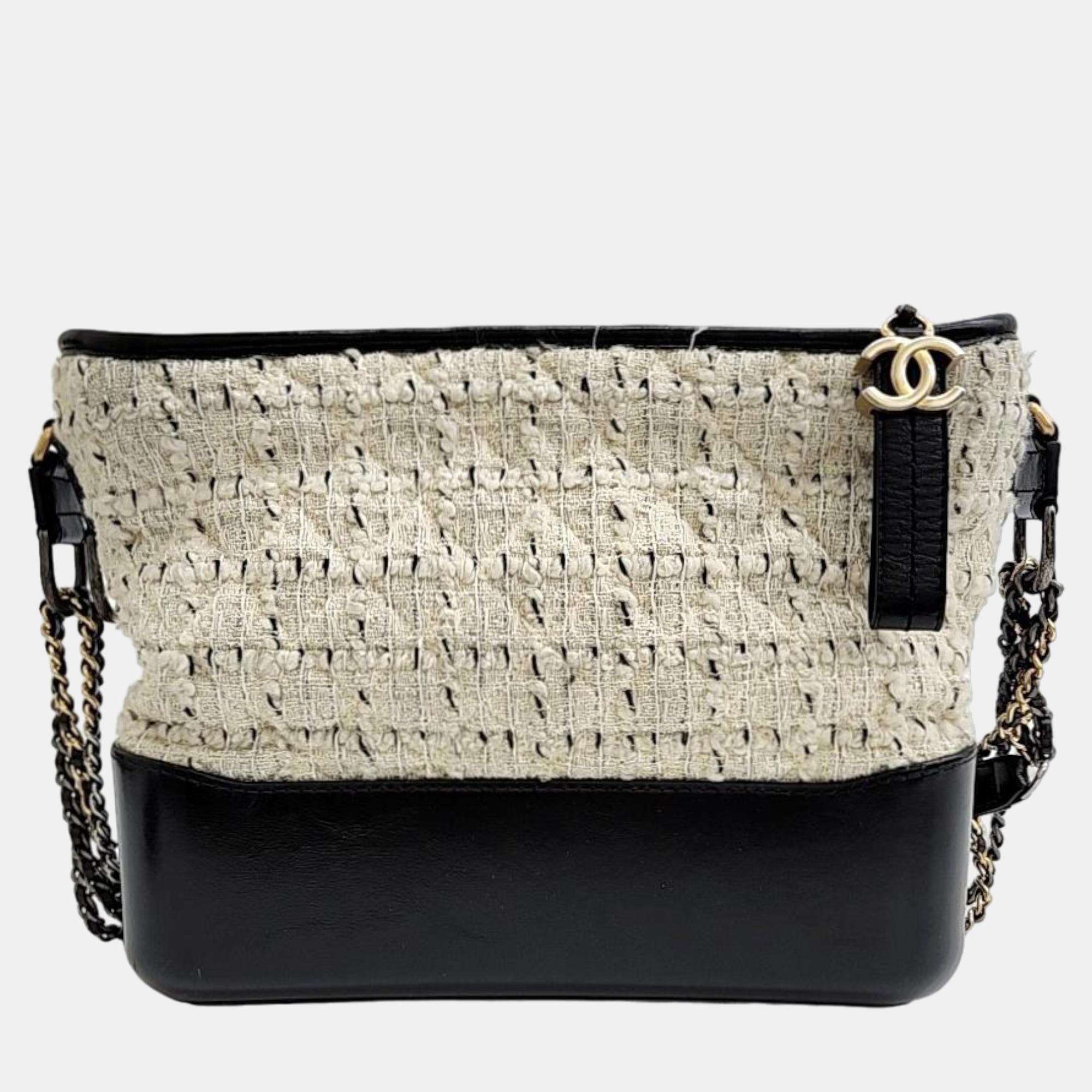 Chanel white/black tweed leather small gabrielle shoulder bag