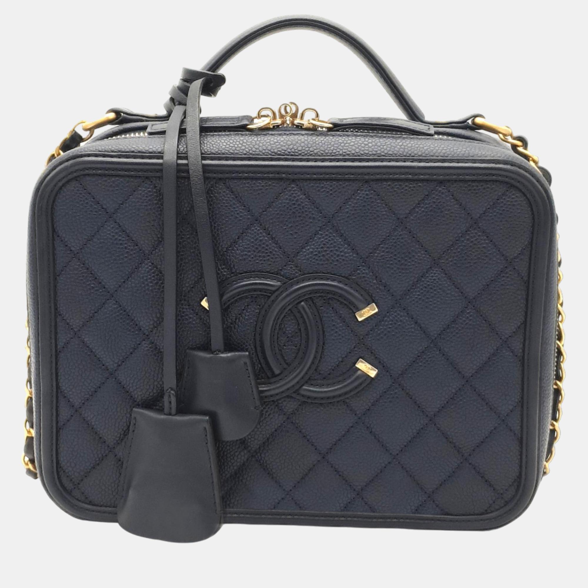 Chanel Navy Blue Leather Medium Filigree Vanity Shoulder Bag