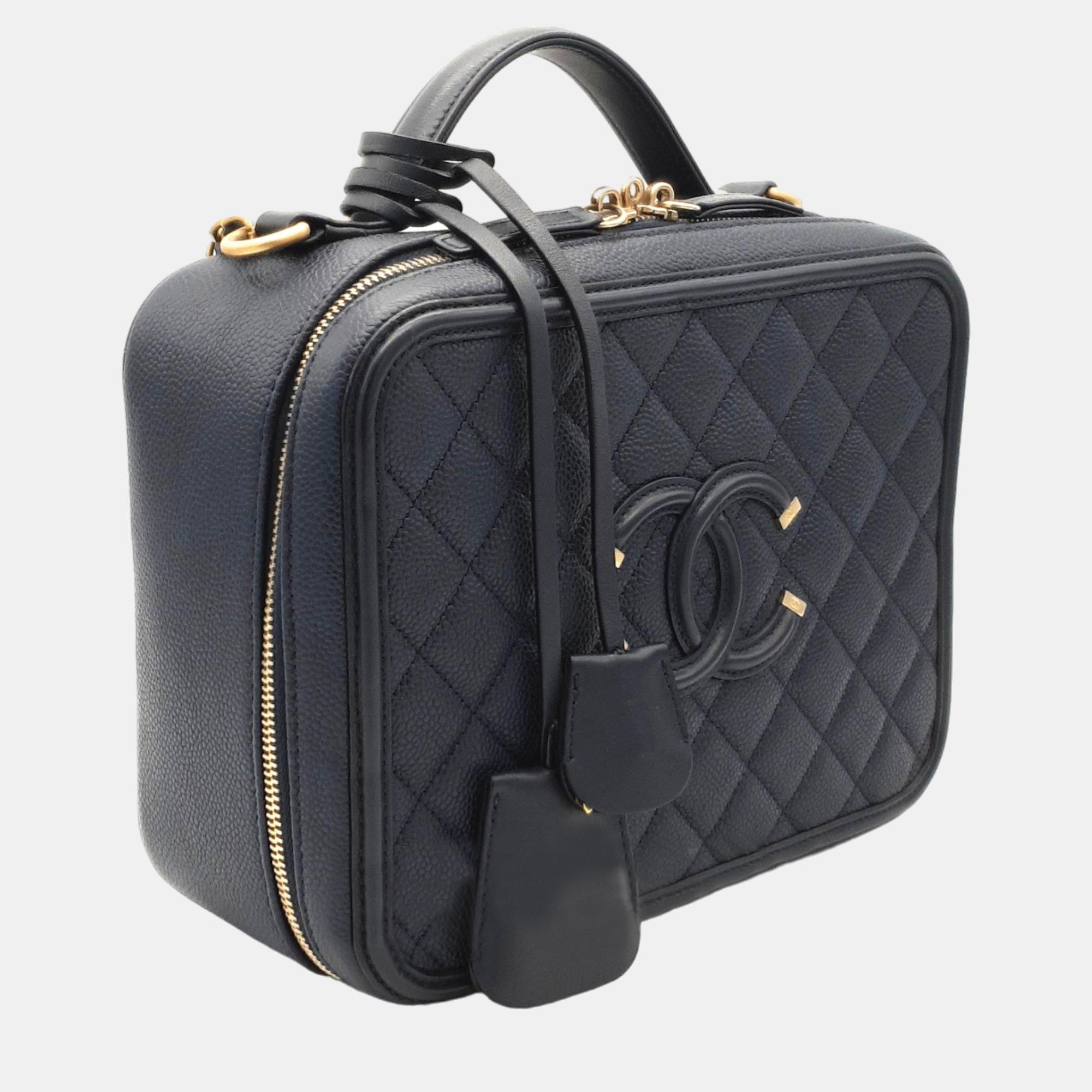Chanel Navy Blue Leather Medium Filigree Vanity Shoulder Bag