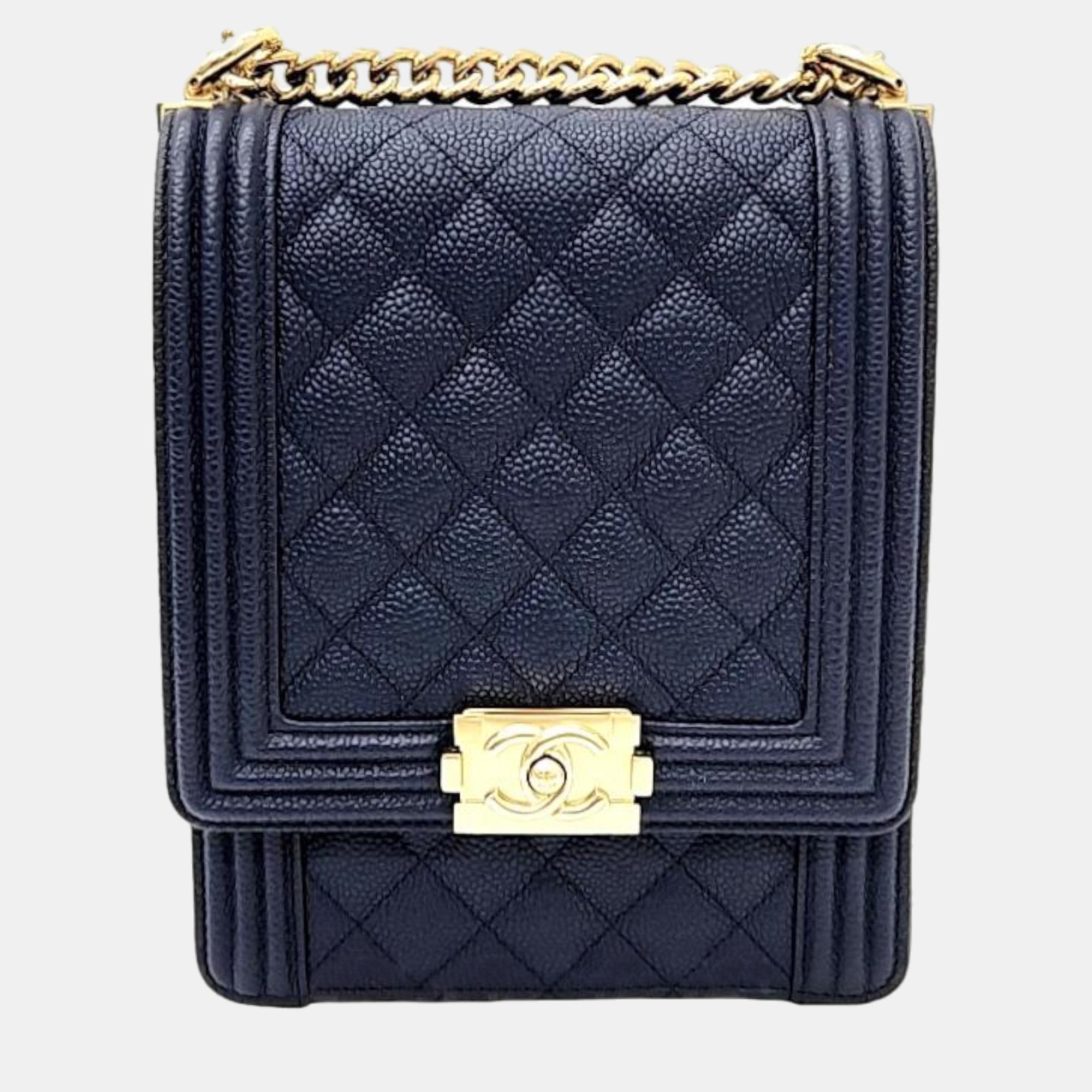 Chanel navy blue caviar leather north/south quilted flap bag