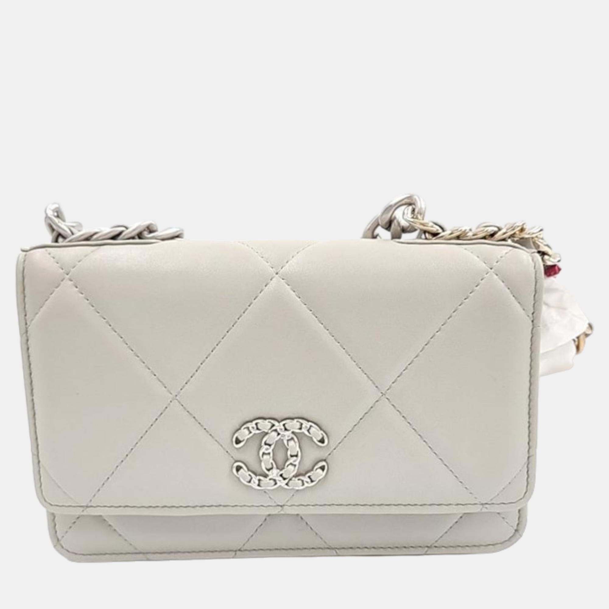 Chanel Grey Lambskin Leather Mini 19 Wallet On Chain