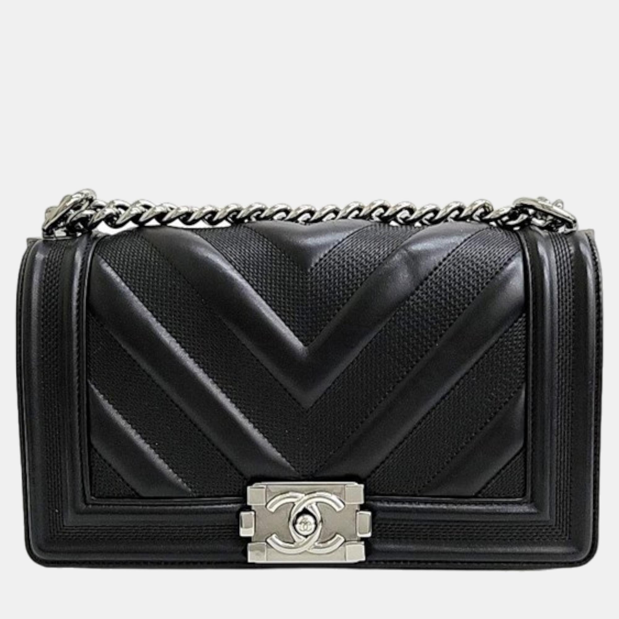 Chanel Black Lambskin Leather Perforated Medium Boy Shoulder Bag