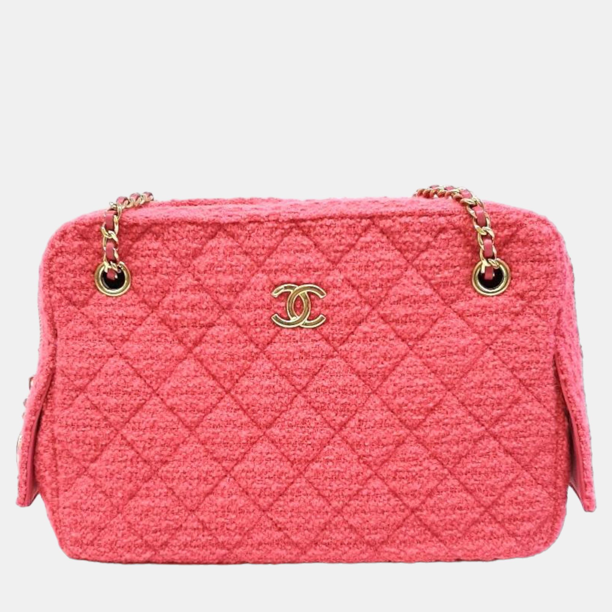Chanel pink leather tweed camera shoulder bag