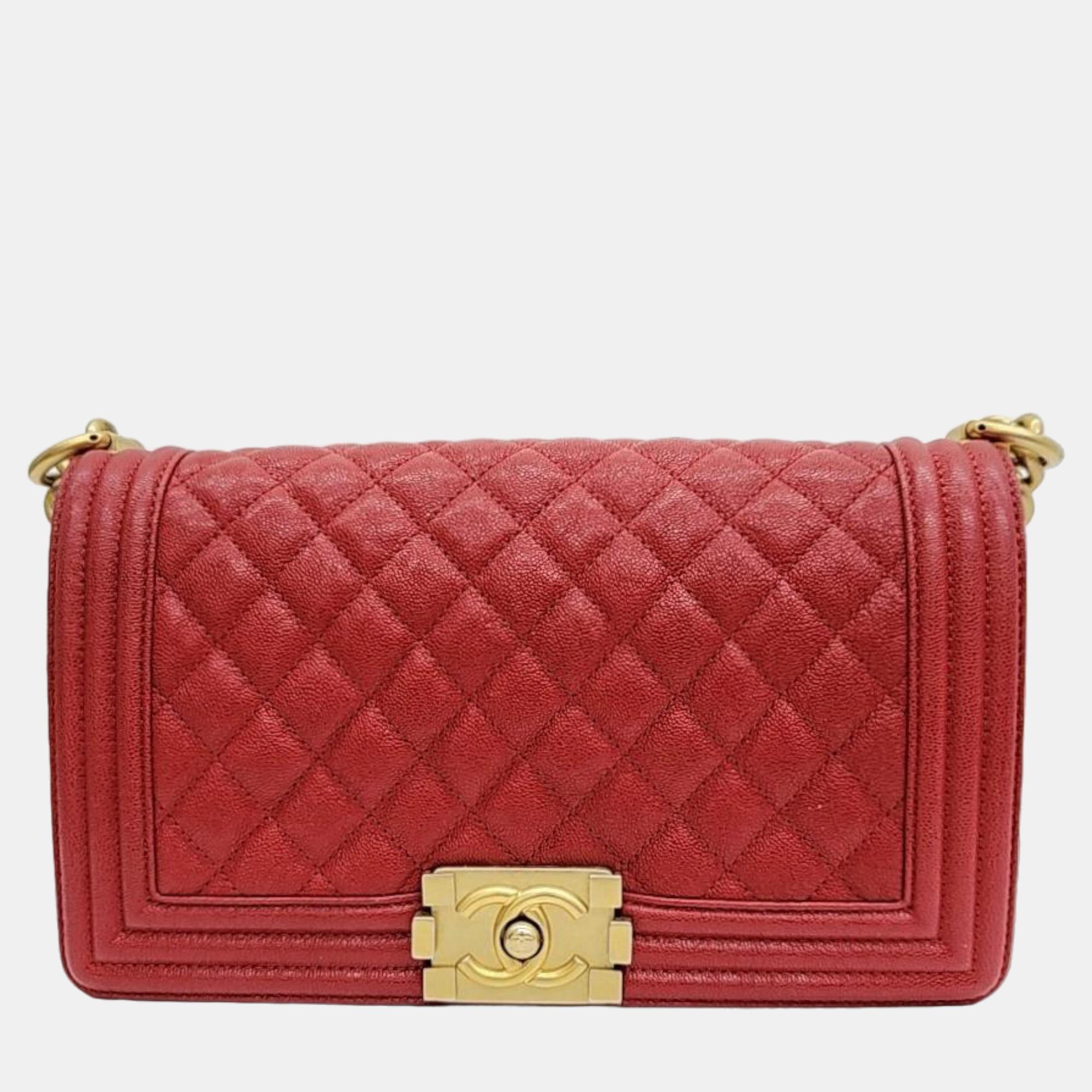 Chanel Red Quilted Caviar Leather Medium Boy Shoulder Bag