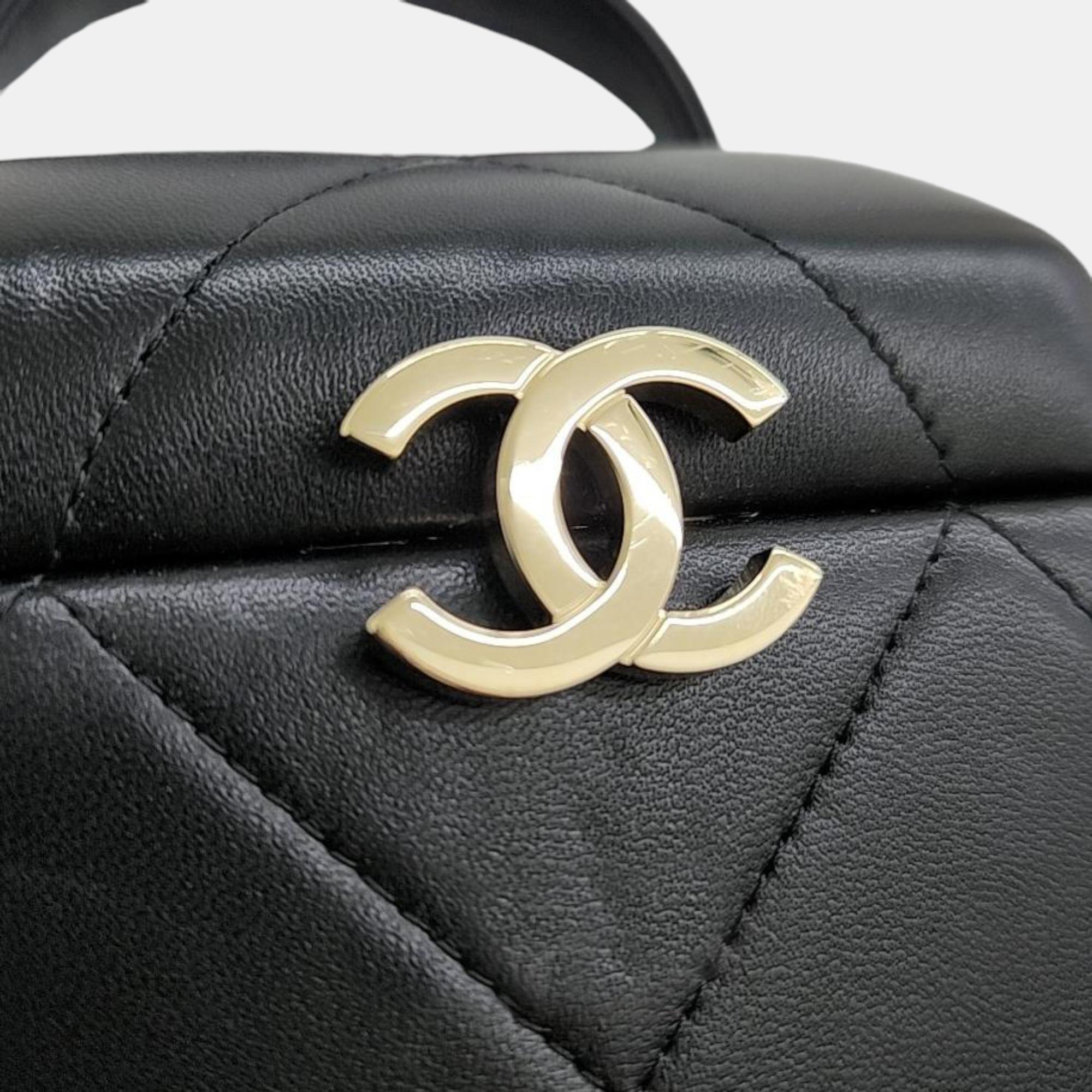 Chanel Black Lambskin Leather Top Handle Cosmetic Bag