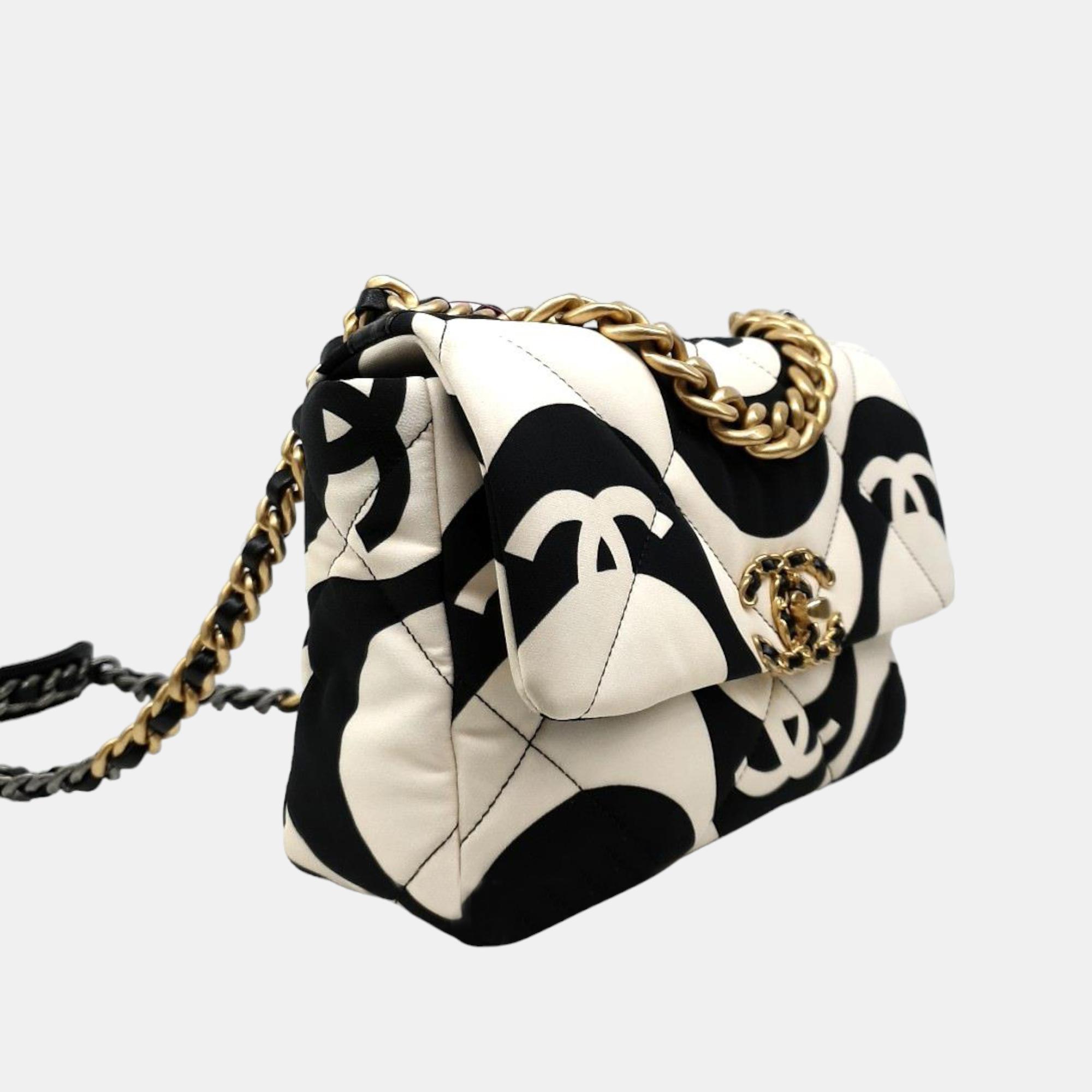 Chanel Black/White Fabric Small 19 Flap Shoulder Bag