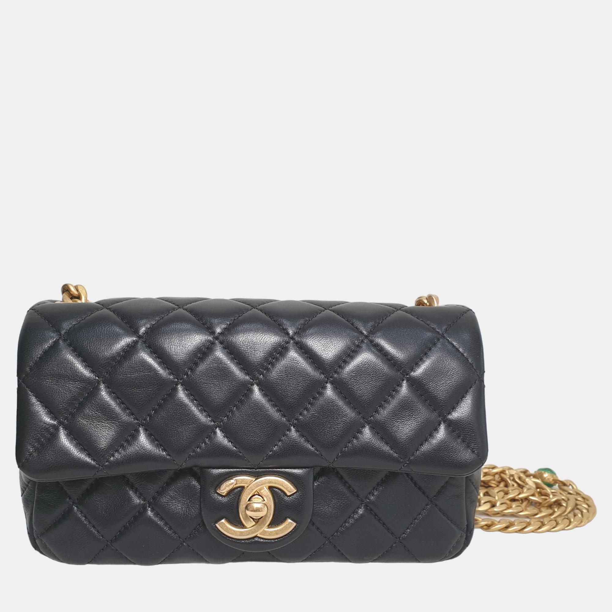 Chanel black lambskin leather rectangular mini flap shoulder bag