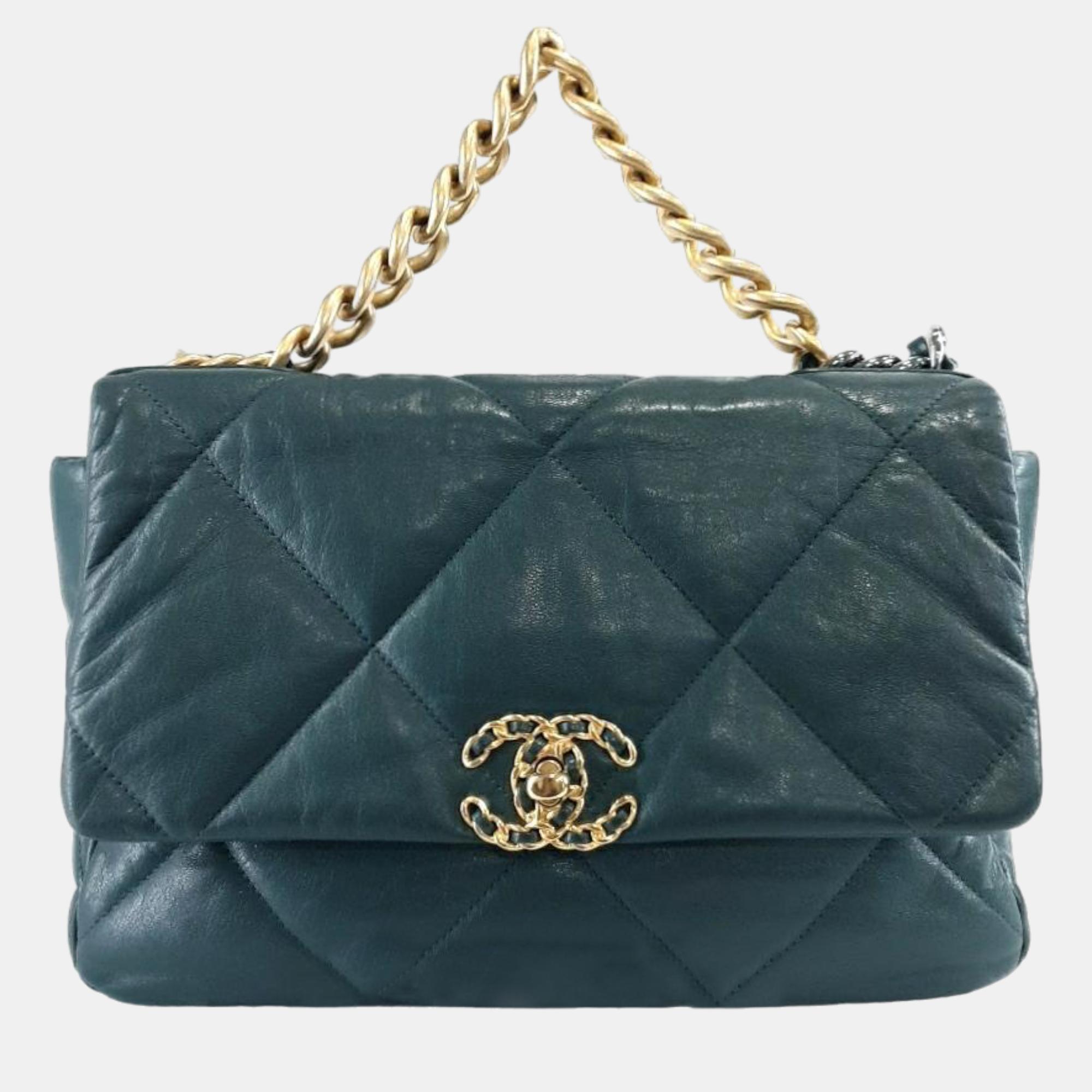 Chanel Green Leather Large 19 Flap Shoulder Bag