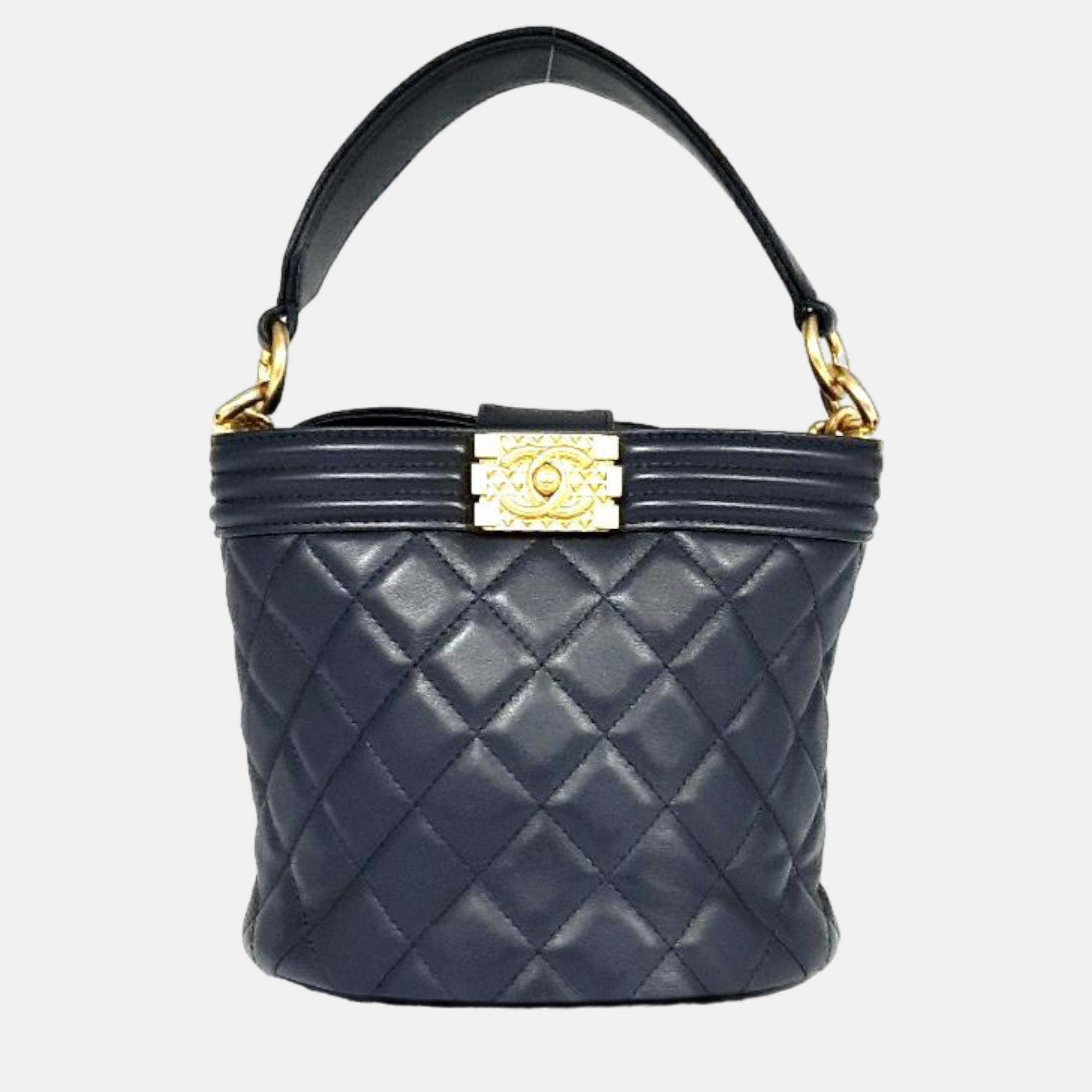 Chanel navy blue leather quilted bucket boy shoulder bag