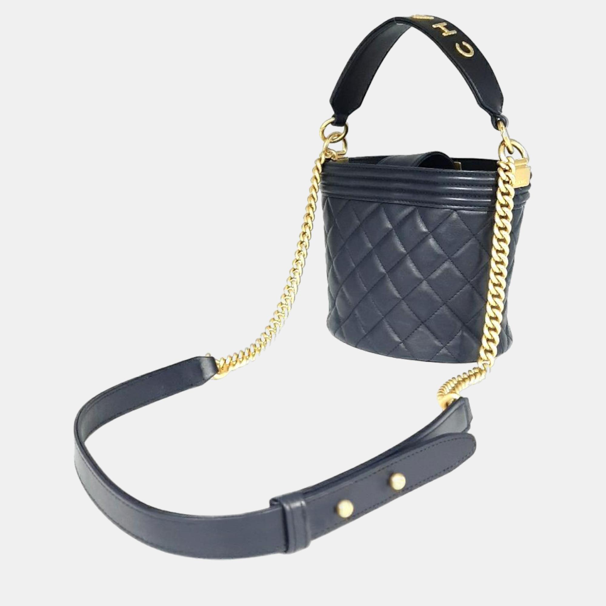 Chanel Navy Blue Leather Quilted Bucket Boy Shoulder Bag