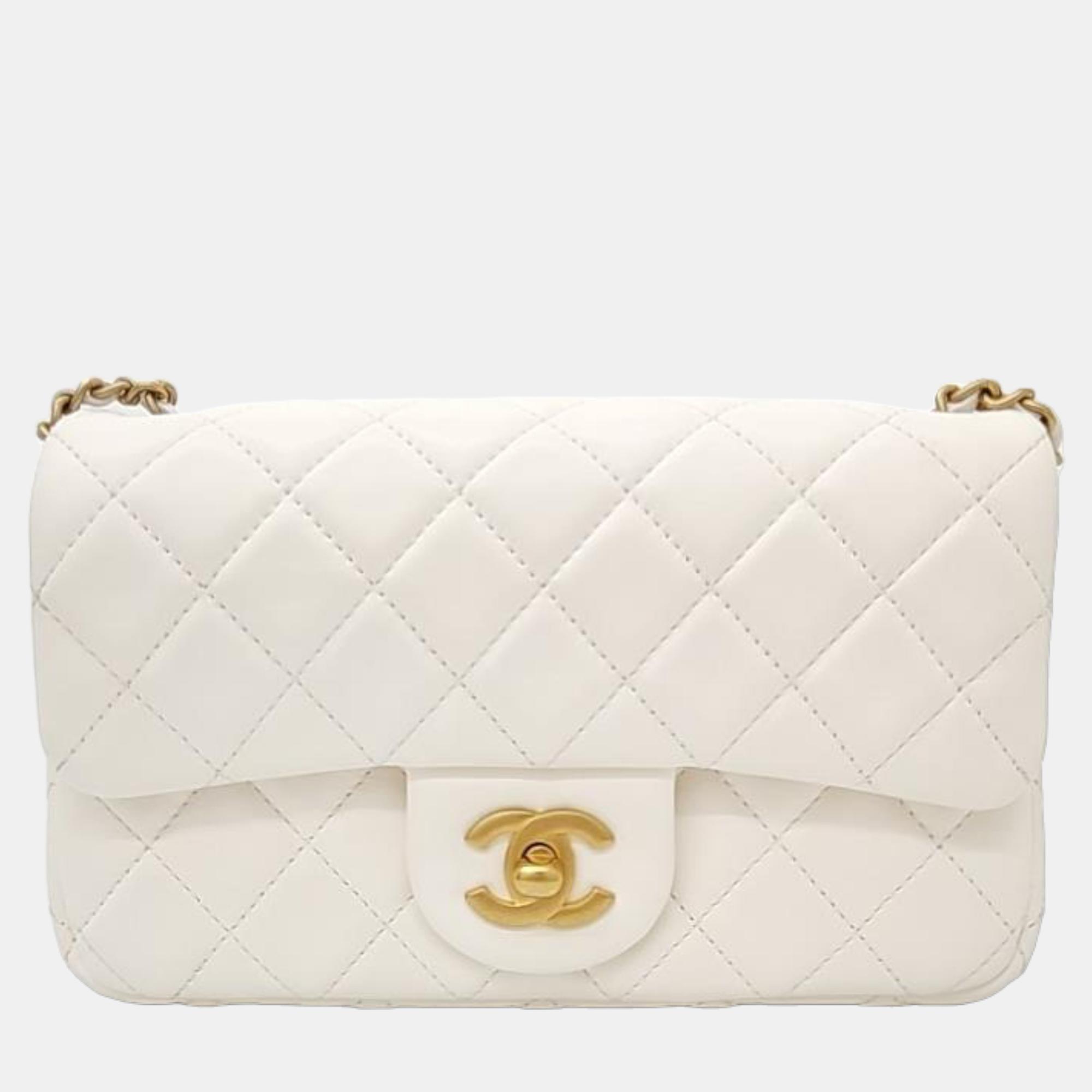 Chanel white leather pearl crush rectangular mini flap bag