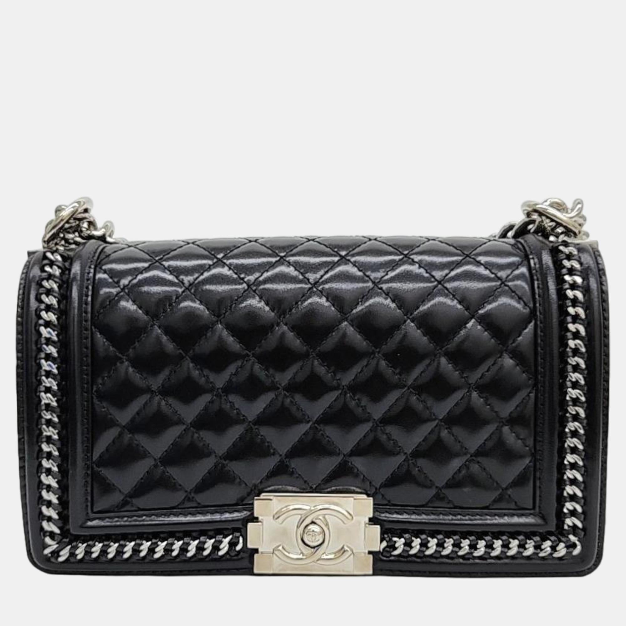 Chanel black patent leather medium boy whipstitch chain shoulder bag