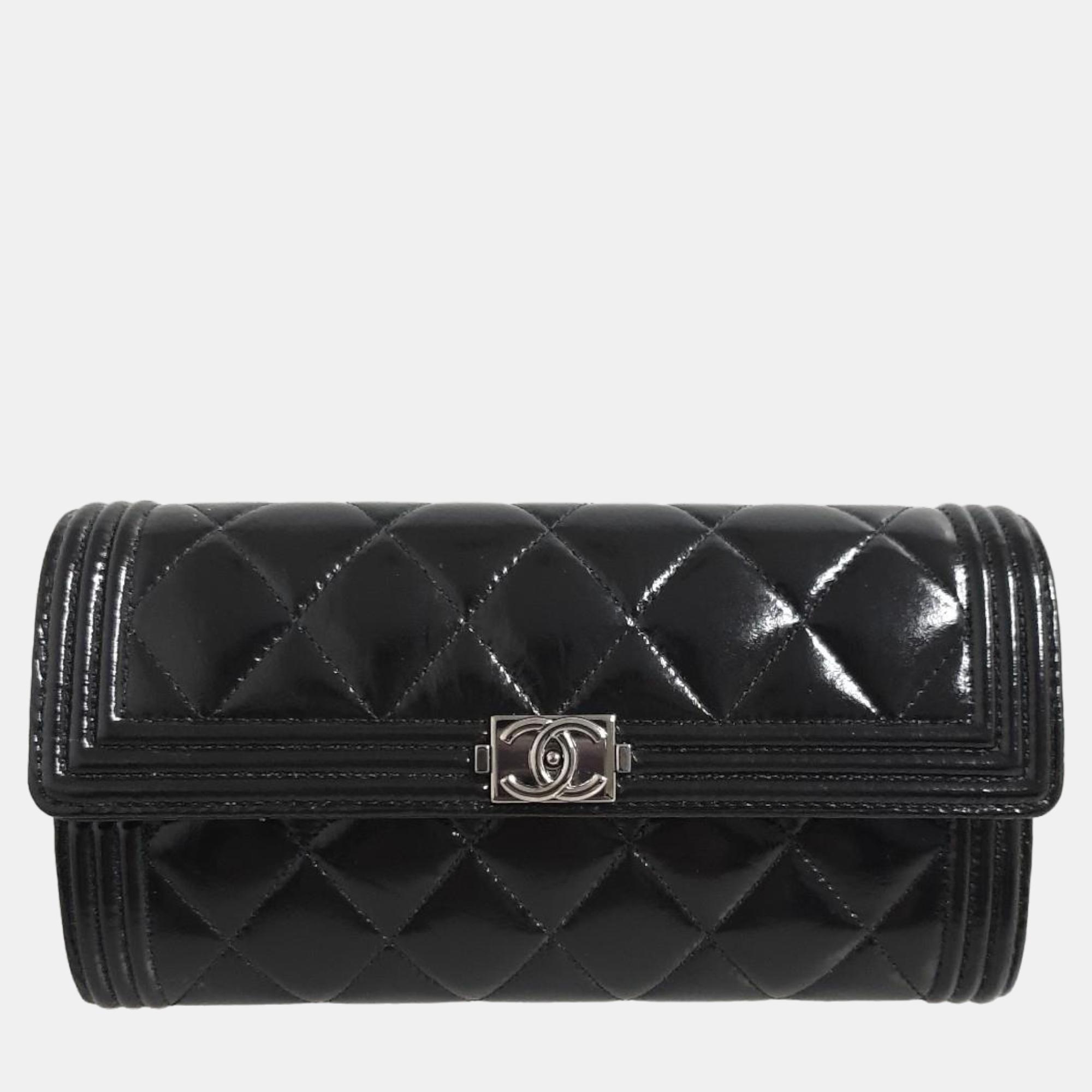 Chanel Black Patent Leather Quilted Flap Boy Wallet