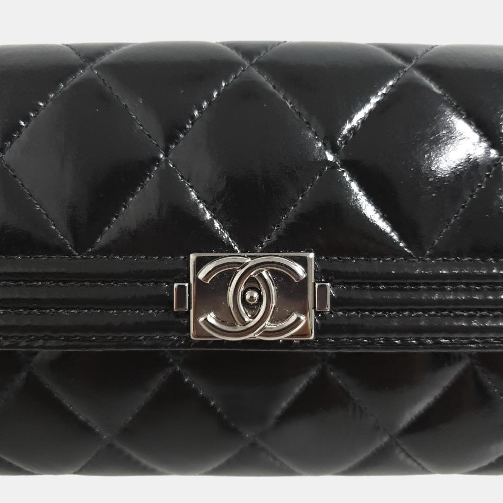 Chanel Black Patent Leather Quilted Flap Boy Wallet