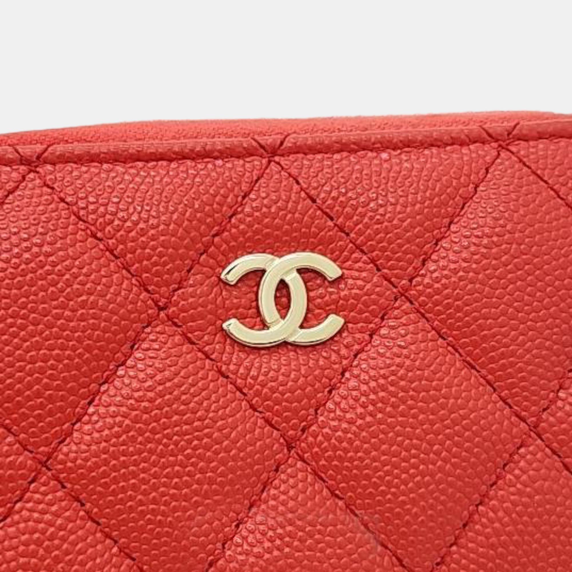 Chanel Orange Caviar Leather Zip Around CC Wallet