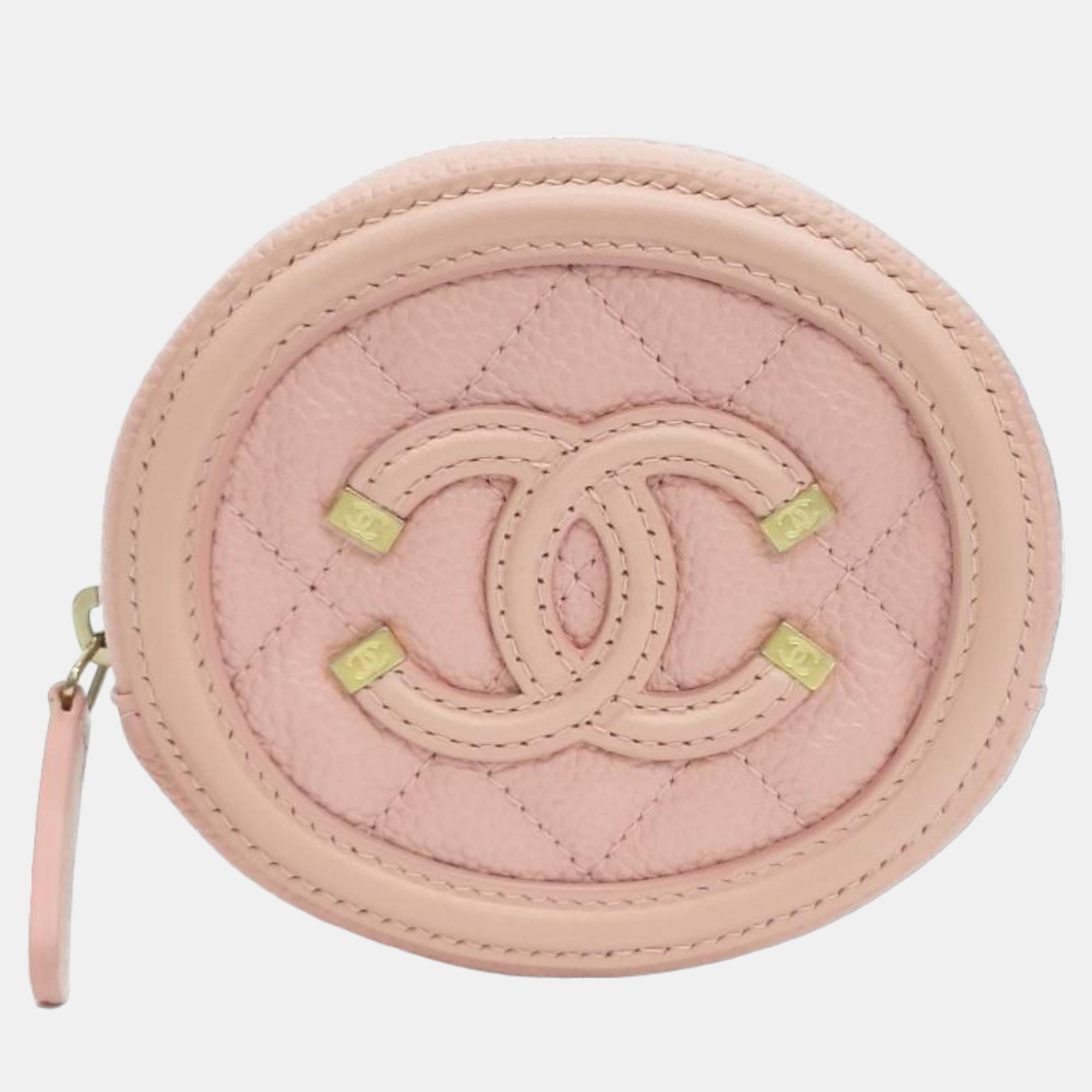 Chanel pink leather caviar round quilted coin filigree wallet