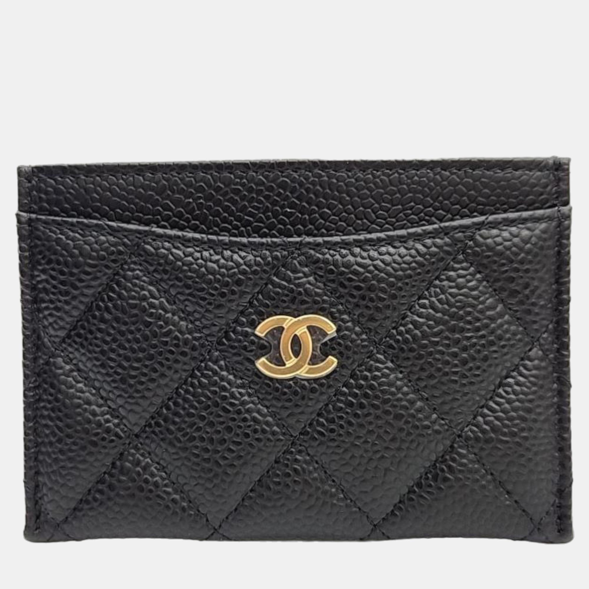 Chanel Black Caviar Leather  Interlocking Logo CC Card Holder Wallet