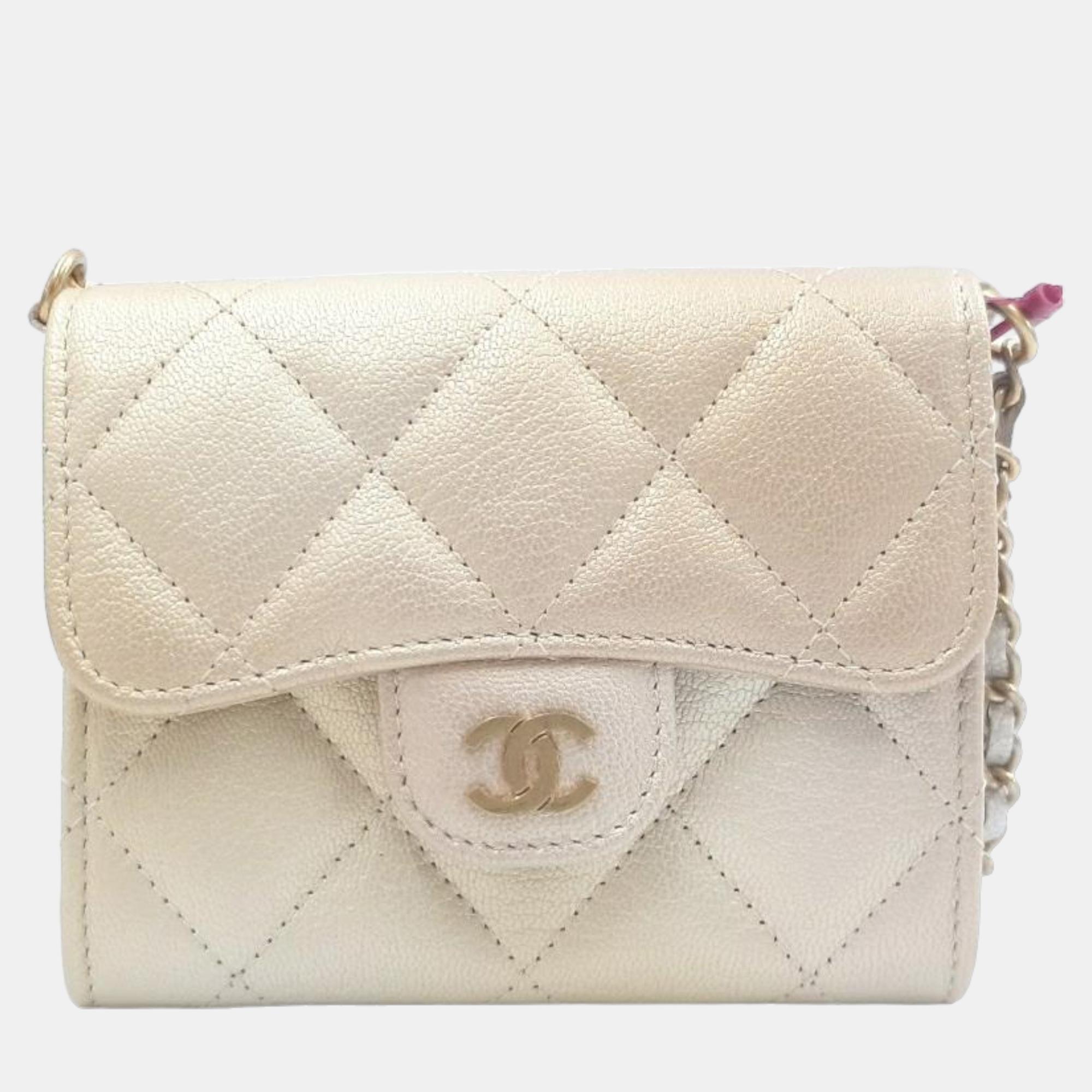 Chanel gold quilted caviar leather card cc chain logo wallet