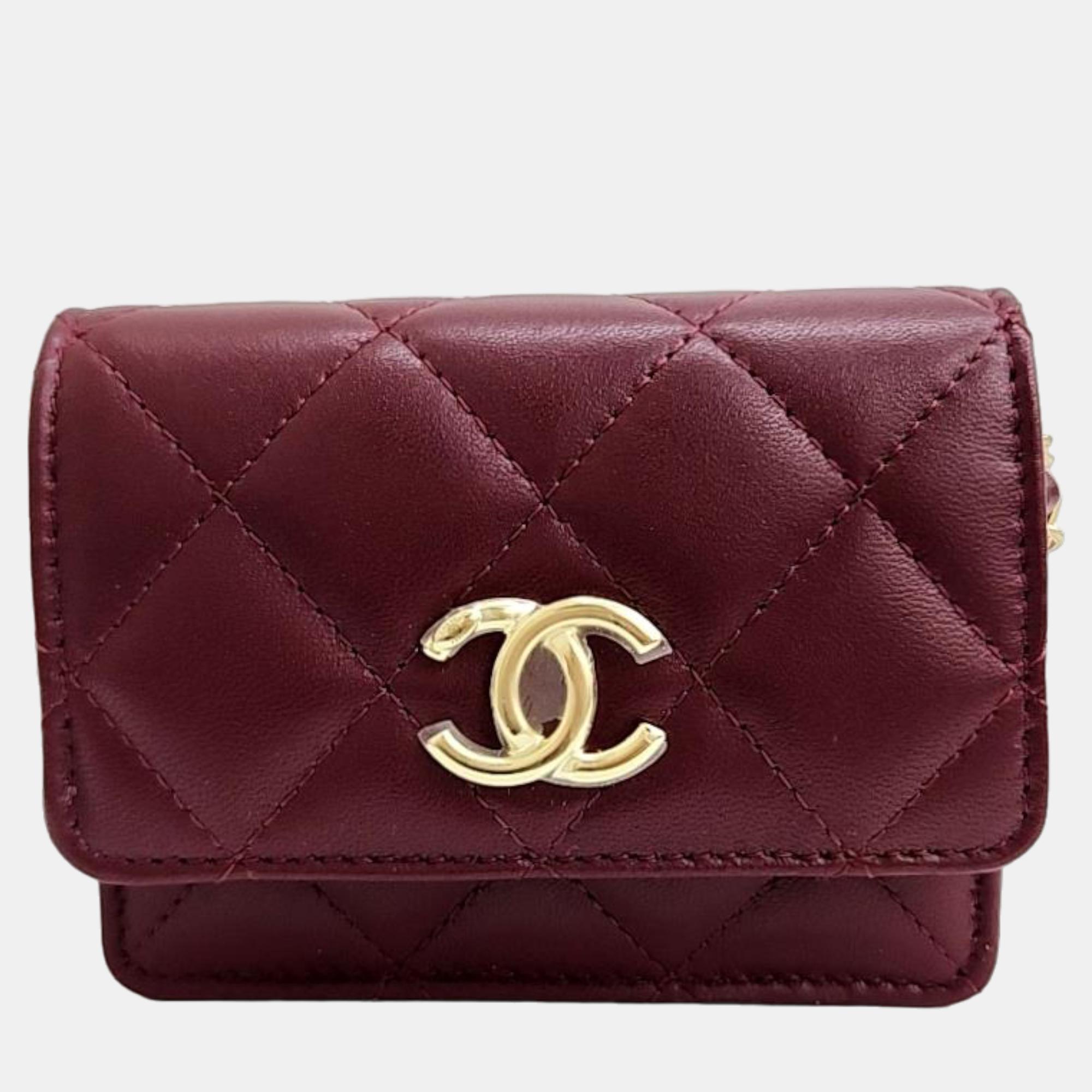 Chanel Burgundy Lambskin Leather CC Chain Accordion Wallet