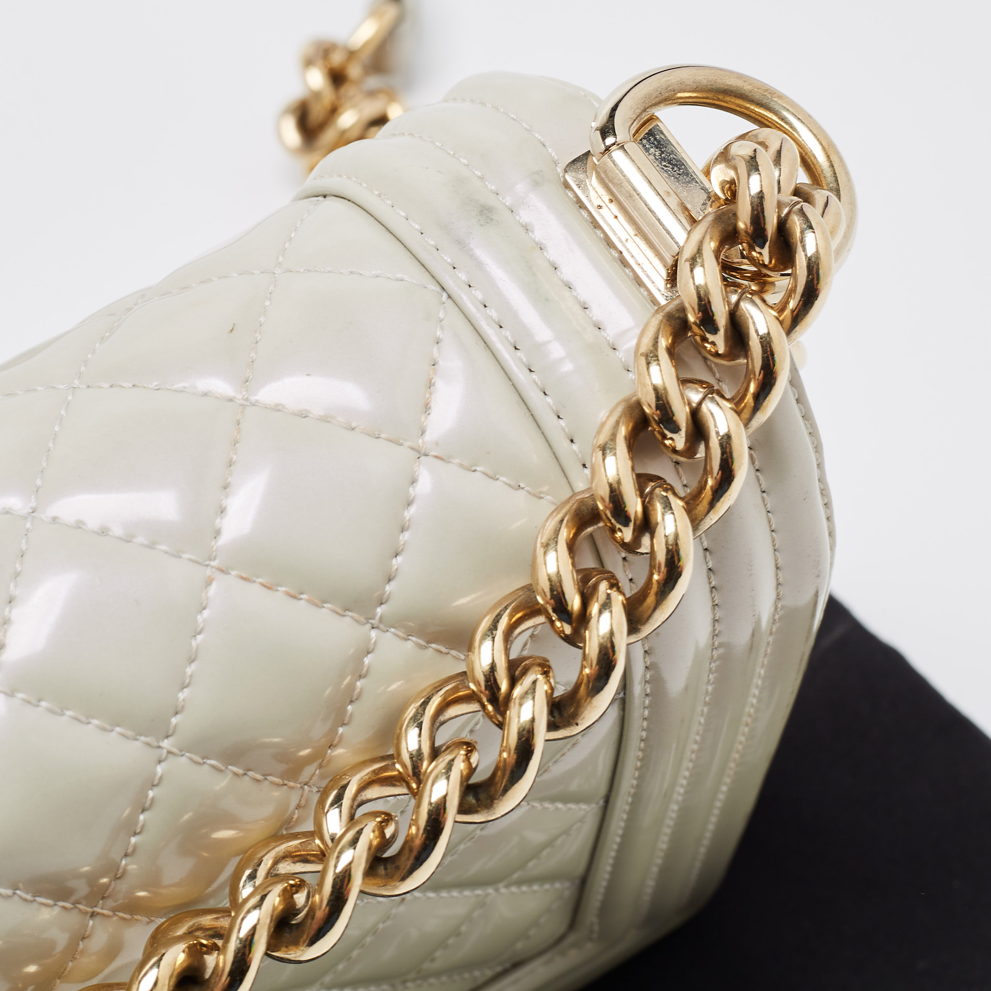 Chanel Pearl White Quilted Patent Leather Medium Boy Flap Bag